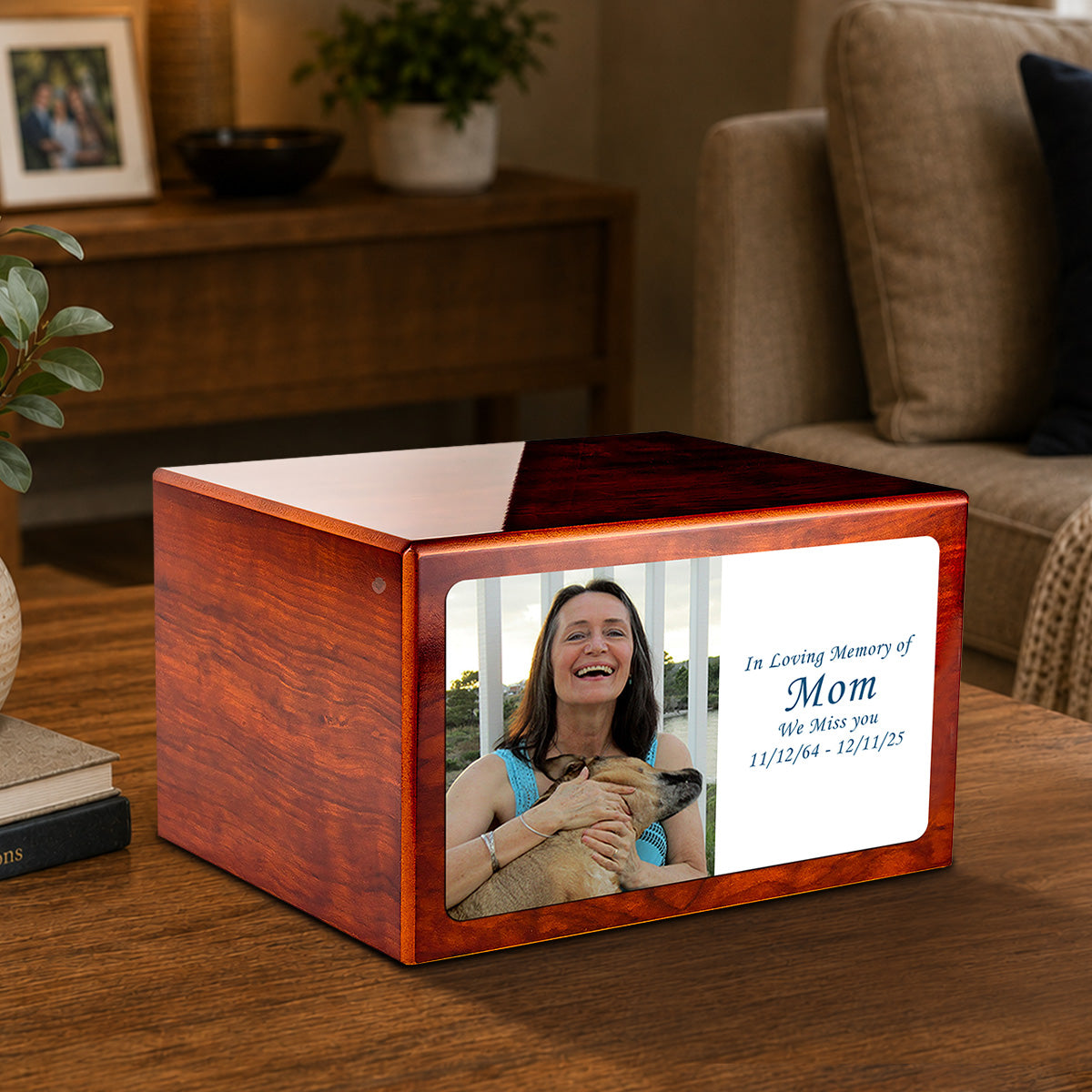Custom Printed Heritage Rosewood Photo Wood Box Cremation Urn