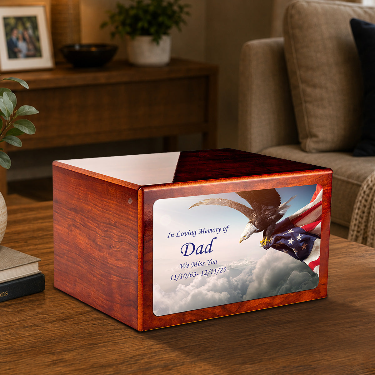 Custom Printed Heritage Rosewood American Eagle Wood Box Cremation Urn