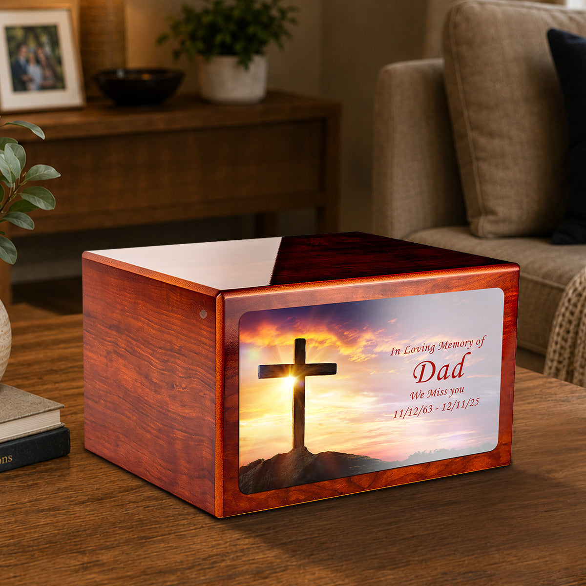 Custom Printed Heritage Rosewood Cross Wood Box Cremation Urn