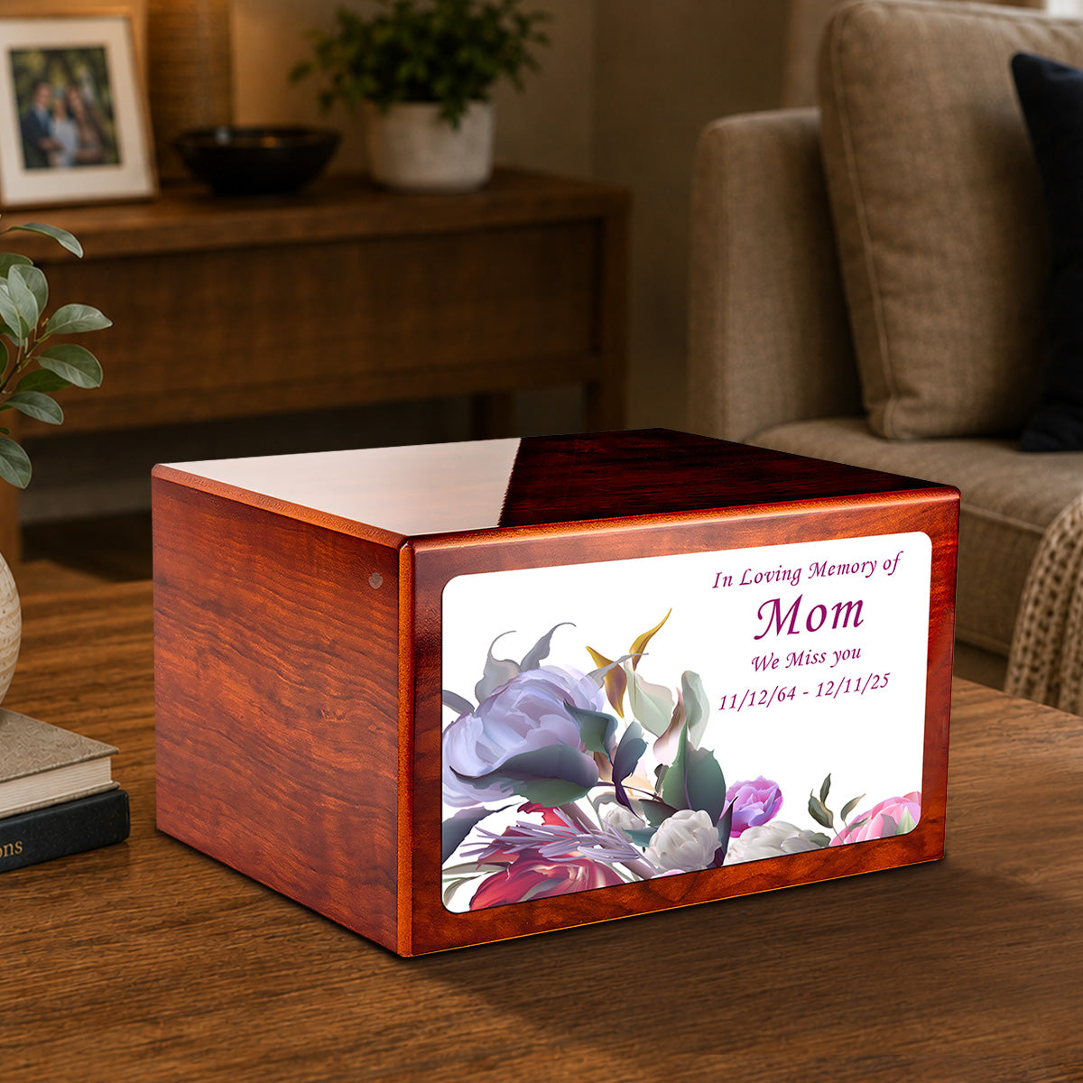 Custom Printed Heritage Rosewood Flowers Wood Box Cremation Urn