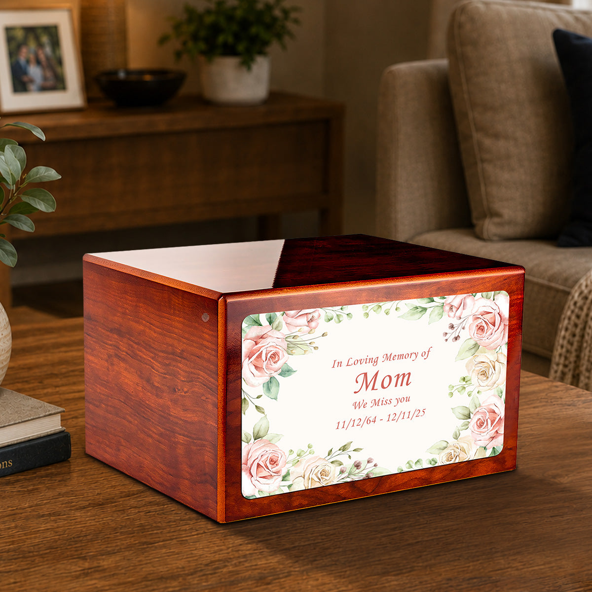 Custom Printed Heritage Rosewood Flower Frame Wood Box Cremation Urn