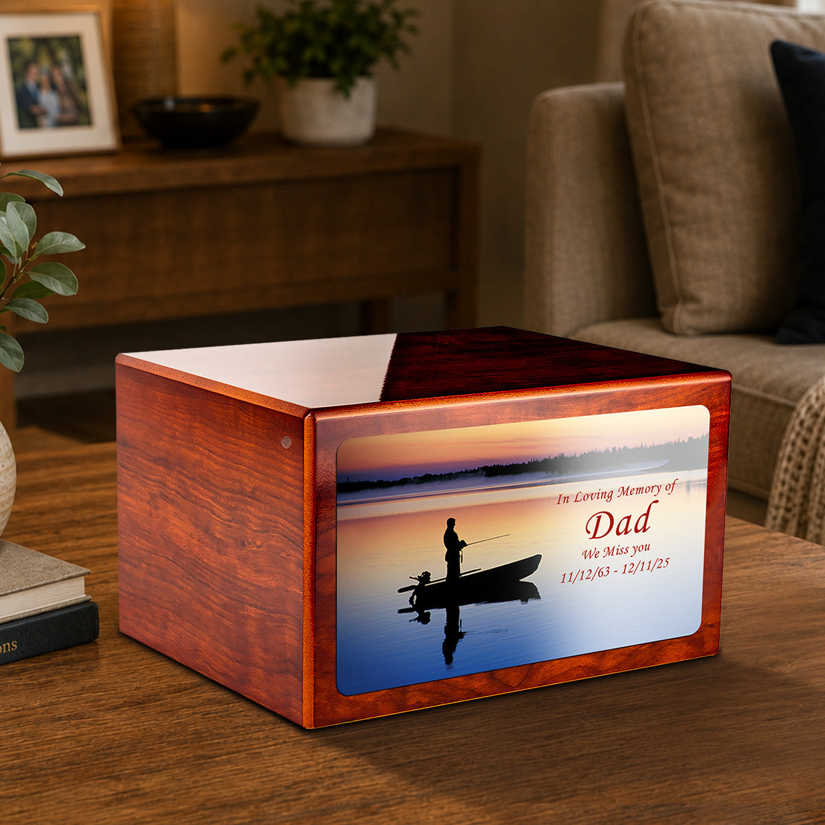 Custom Printed Heritage Rosewood Fishing Wood Box Cremation Urn