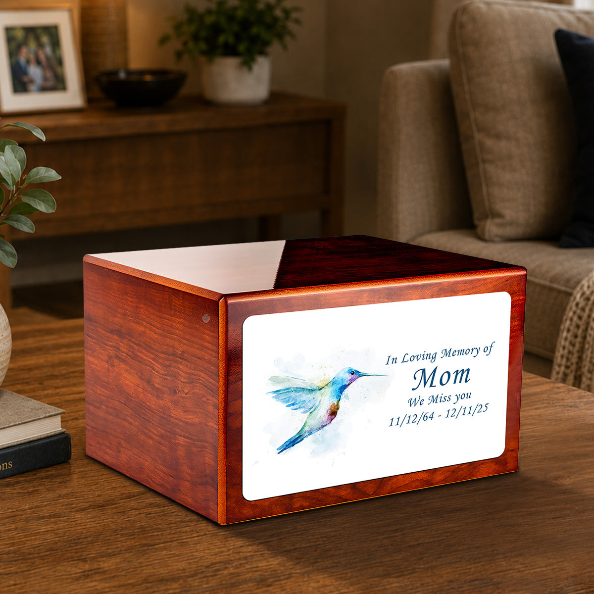 Custom Printed Heritage Rosewood Hummingbird Wood Box Cremation Urn