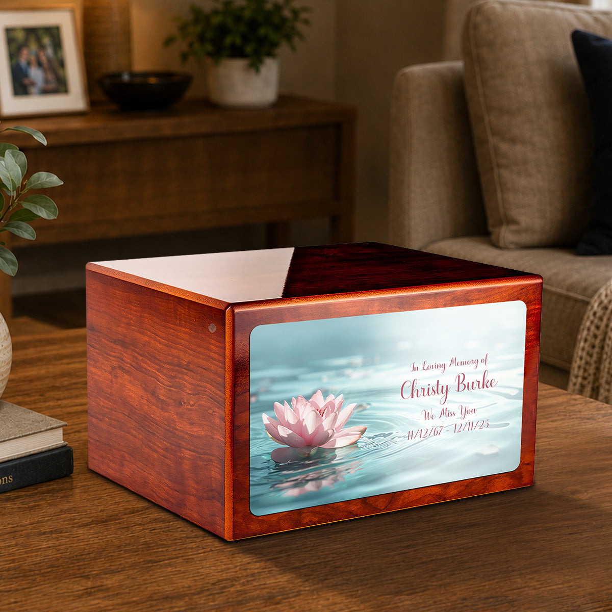 Custom Printed Heritage Rosewood Lotus Flower Wood Box Cremation Urn