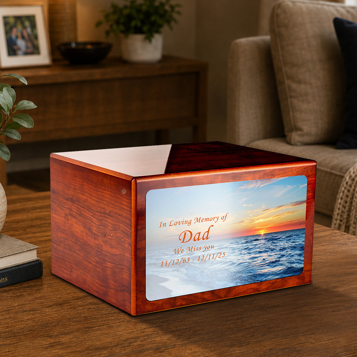 Custom Printed Heritage Rosewood Ocean Sunset Wood Box Cremation Urn