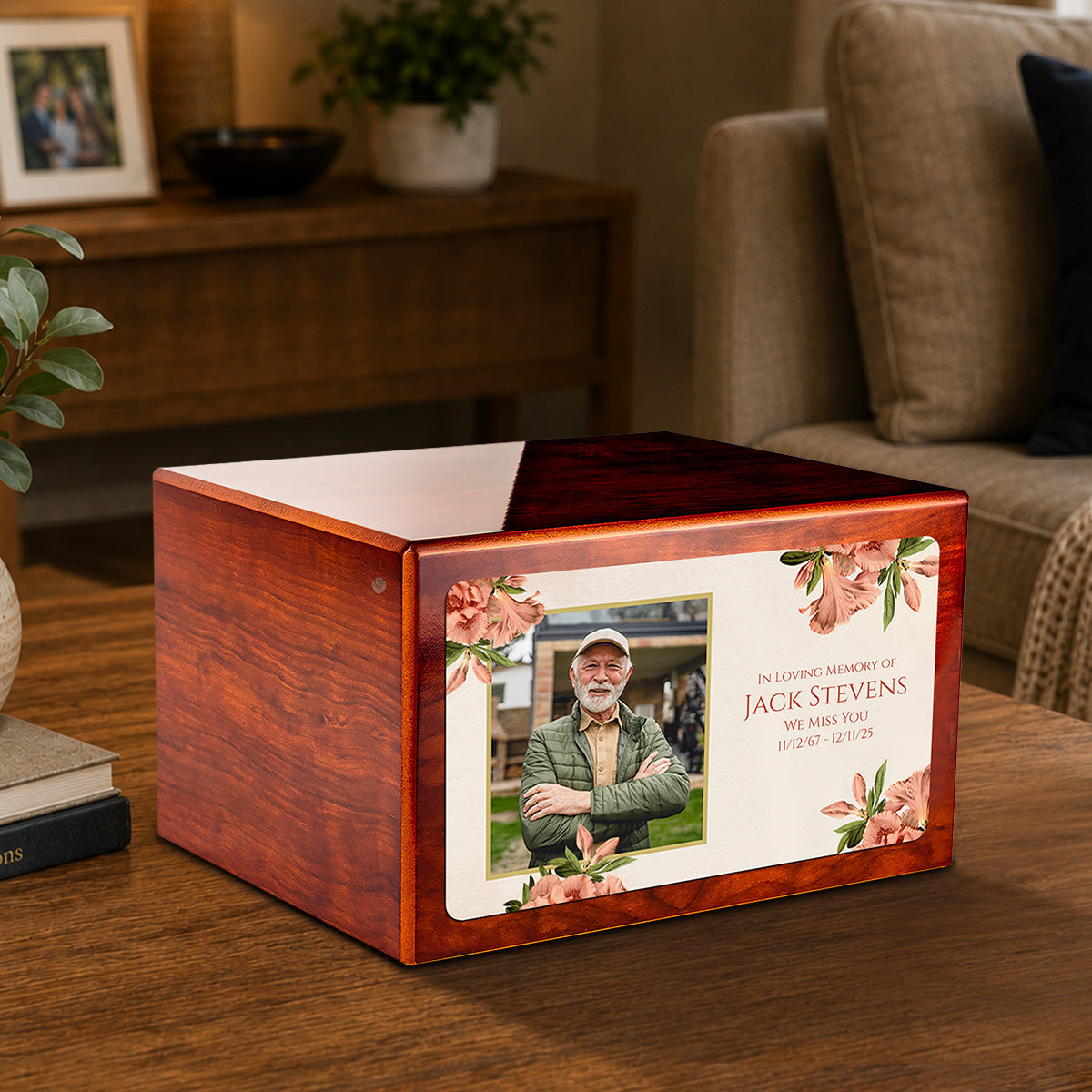 Custom Printed Heritage Rosewood Azalea Flower Wood Box Cremation Urn