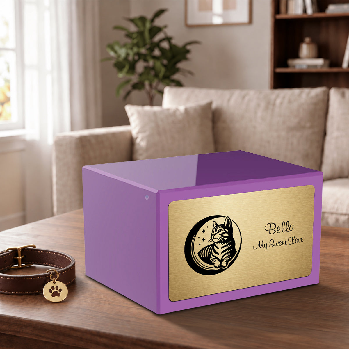 Heritage Purple Cute Cat Large Pet Cremation Box Urn
