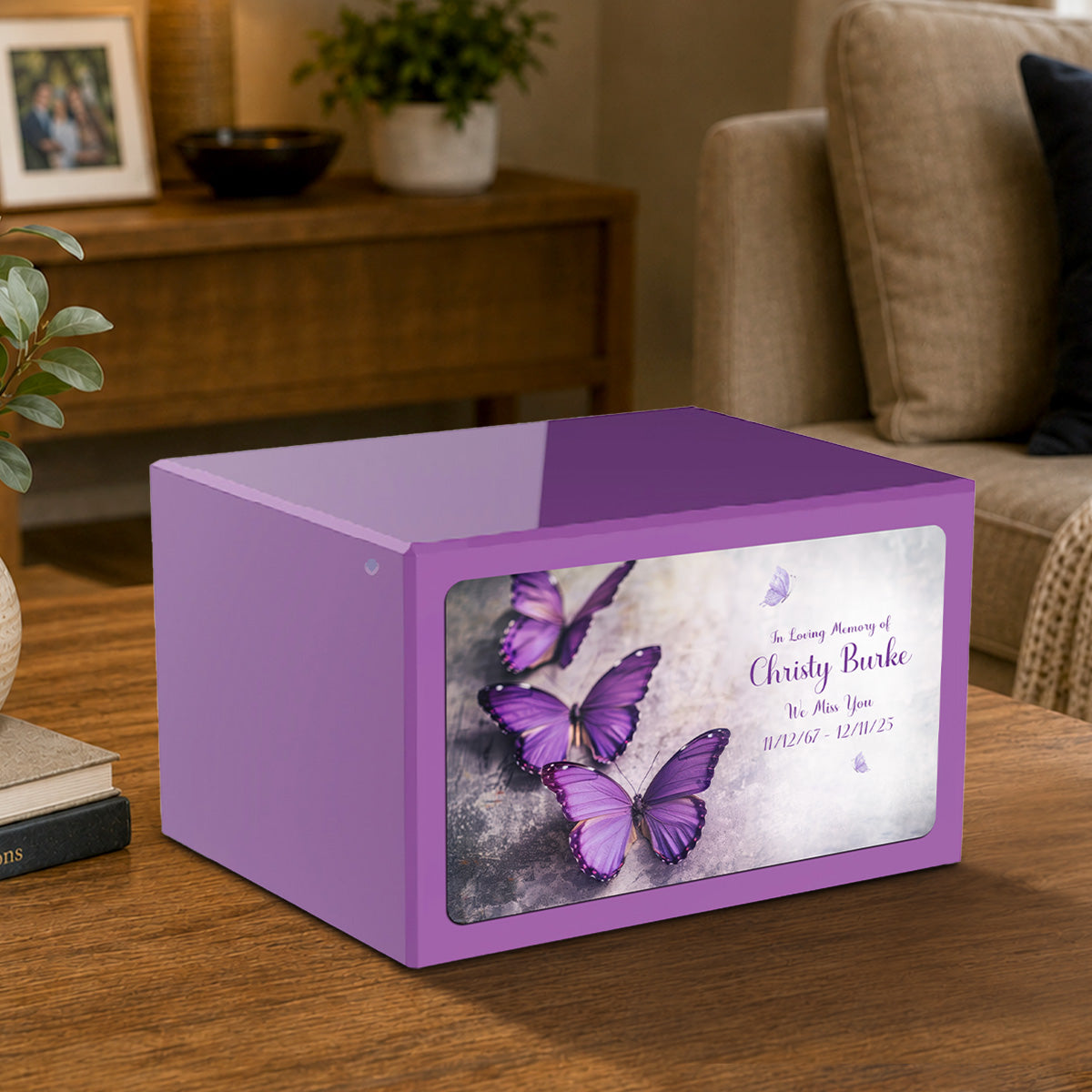 Custom Printed Heritage Purple Butterflies Wood Box Cremation Urn