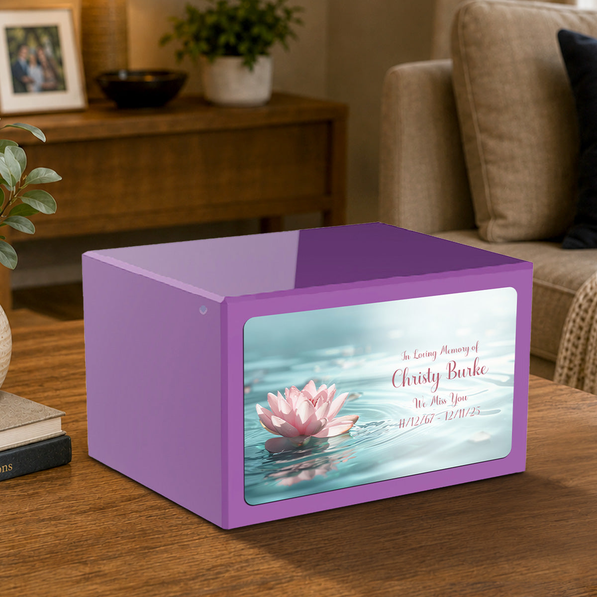 Custom Printed Heritage Purple Lotus Flower Wood Box Cremation Urn