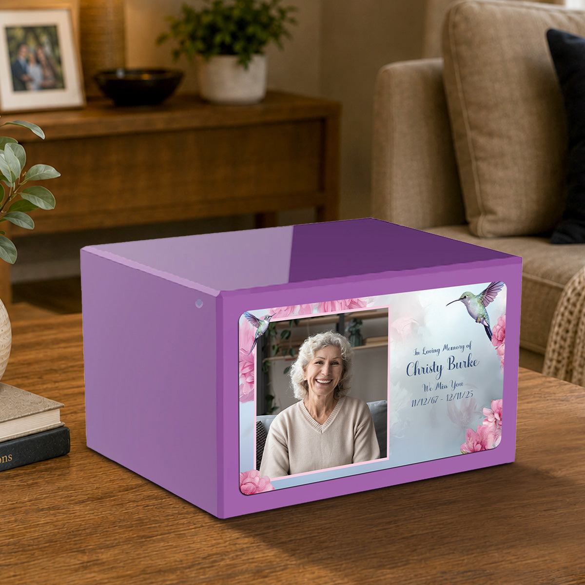 Custom Printed Heritage Purple Photo Hummingbird Wood Cremation Urn Box