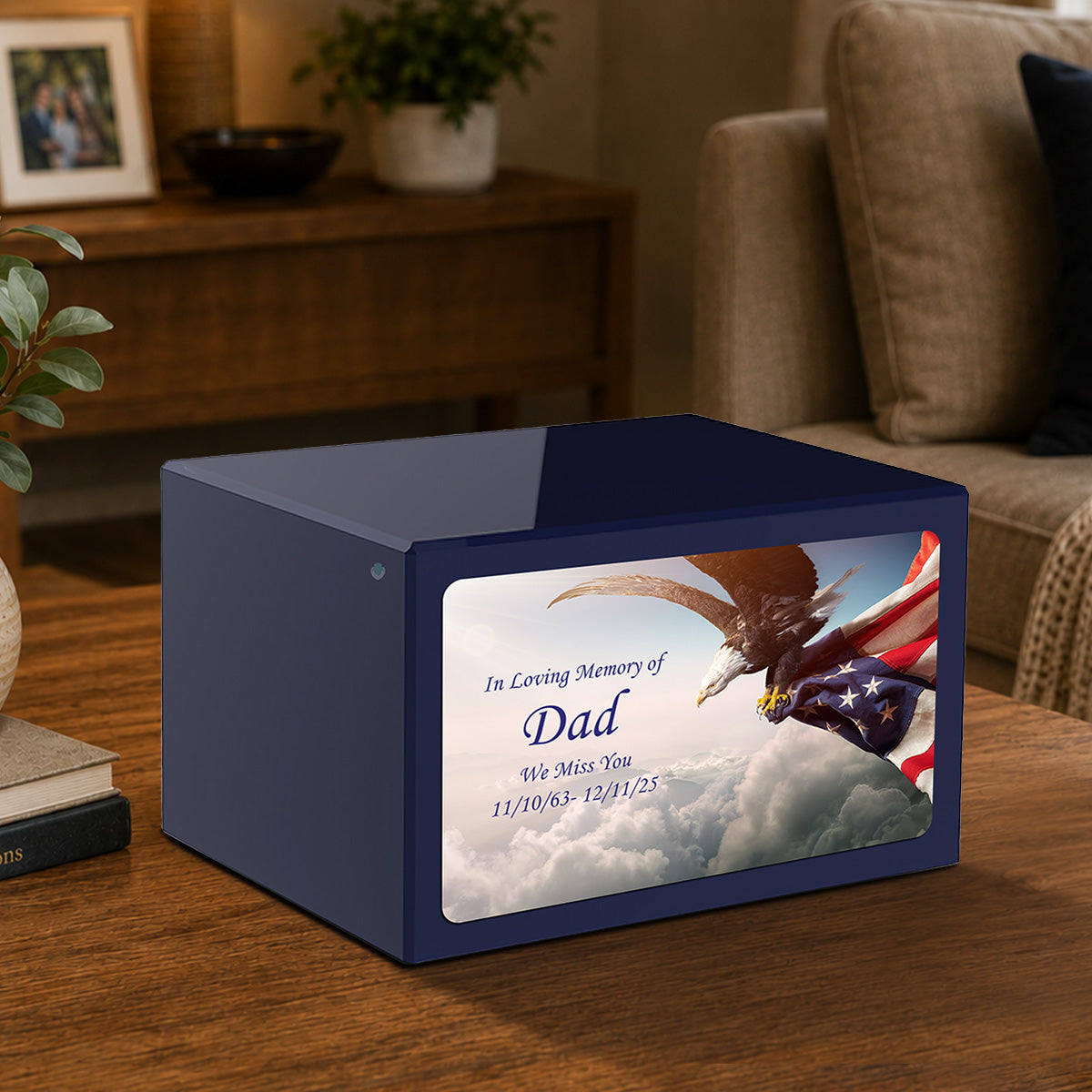 Custom Printed Heritage Navy Blue American Eagle Wood Box Cremation Urn