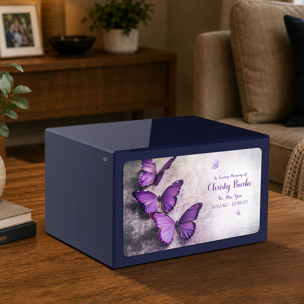 Custom Printed Heritage Navy Butterflies Wood Box Cremation Urn