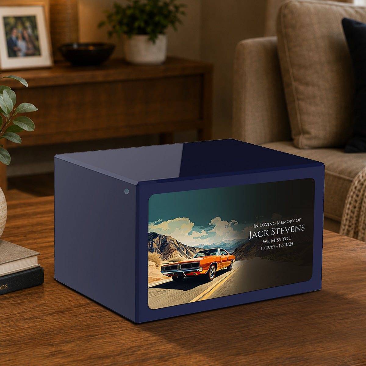 Custom Printed Heritage Navy Blue Classic Car Wood Box Cremation Urn