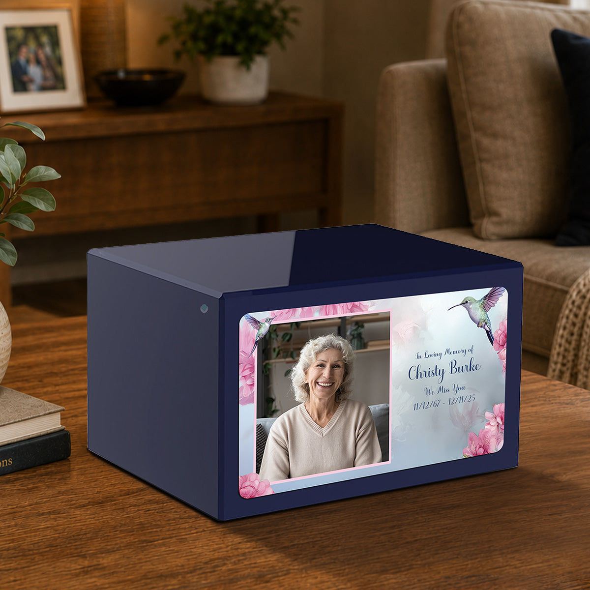 Custom Printed Heritage Navy Blue Photo Hummingbird Wood Cremation Urn Box