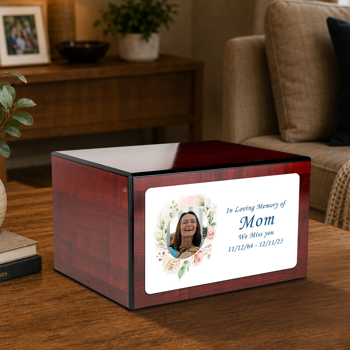 Custom Printed Heritage Cherry Photo Frame Wood Box Cremation Urn