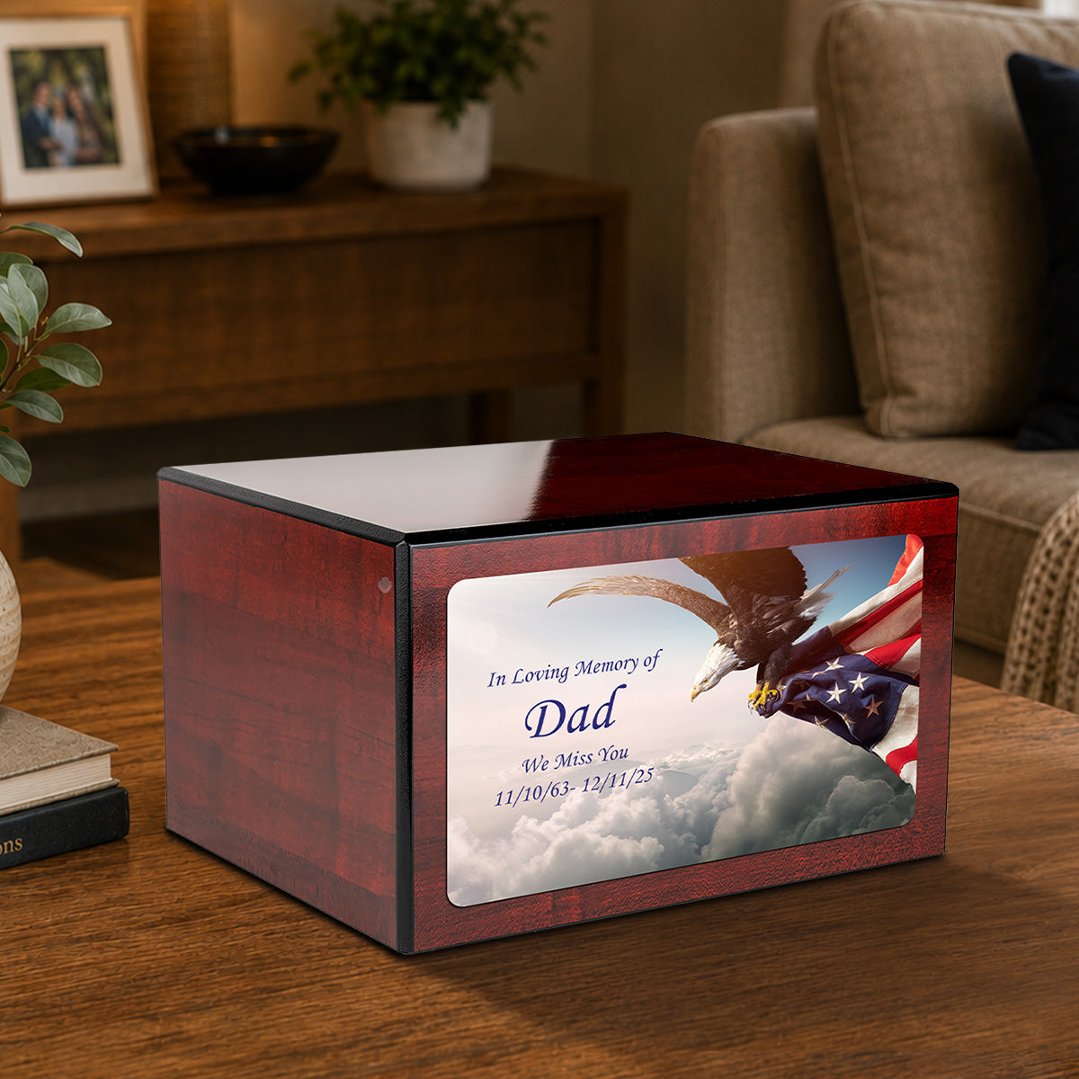 Custom Printed Heritage Cherry American Eagle Wood Box Cremation Urn