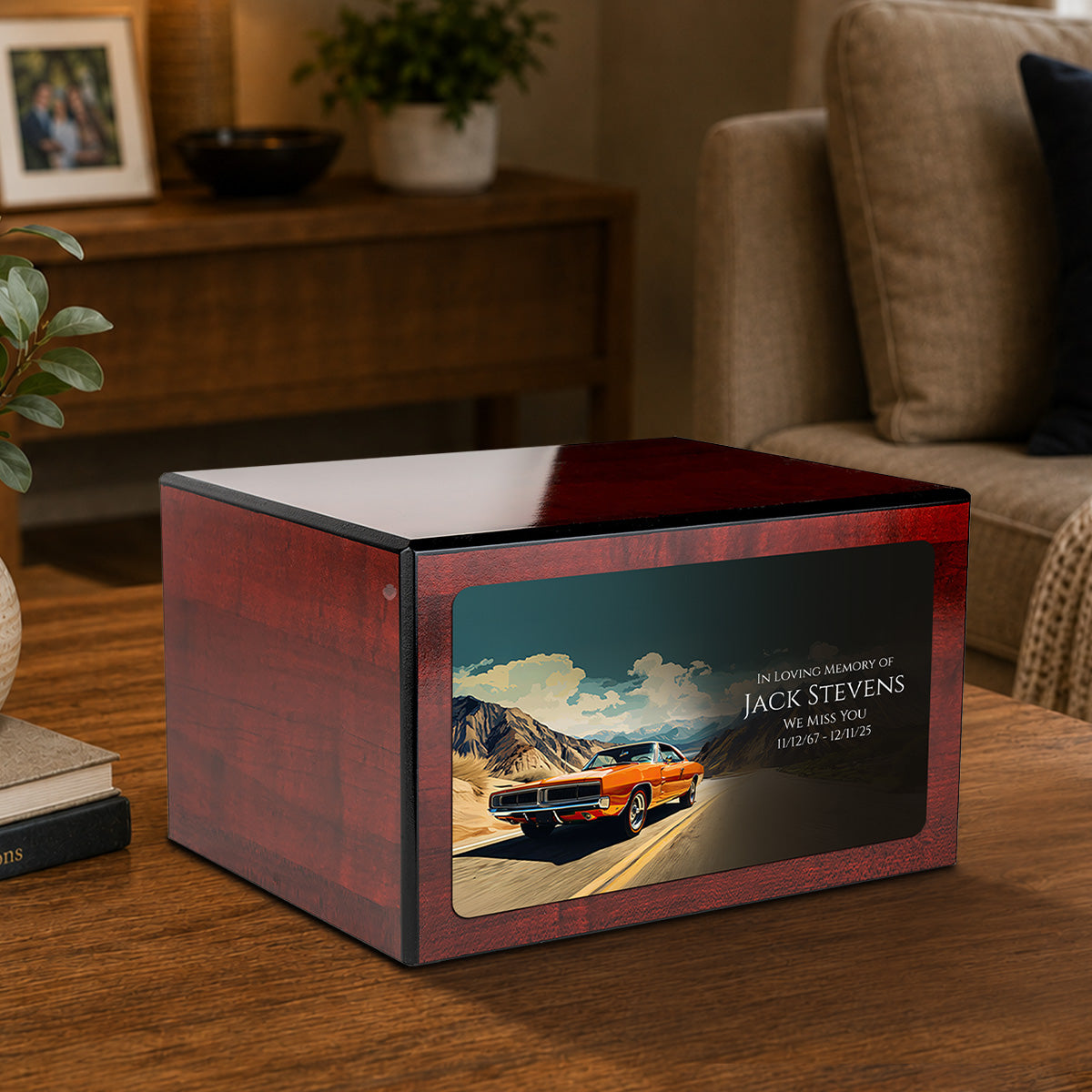 Custom Printed Heritage Cherry Classic Car Wood Box Cremation Urn