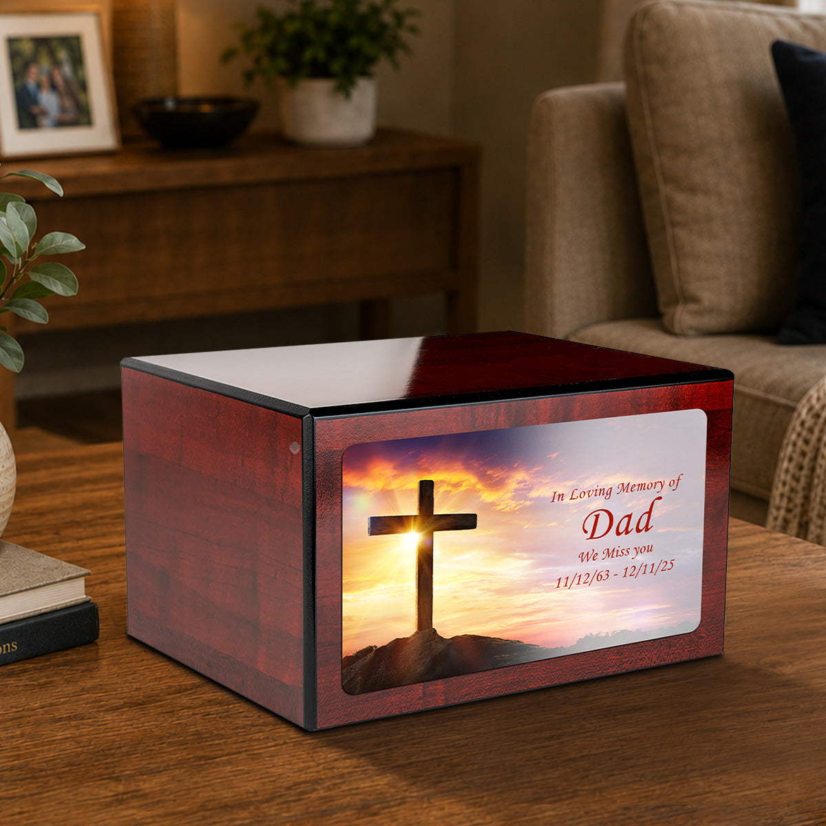 Custom Printed Heritage Cherry Cross Wood Box Cremation Urn