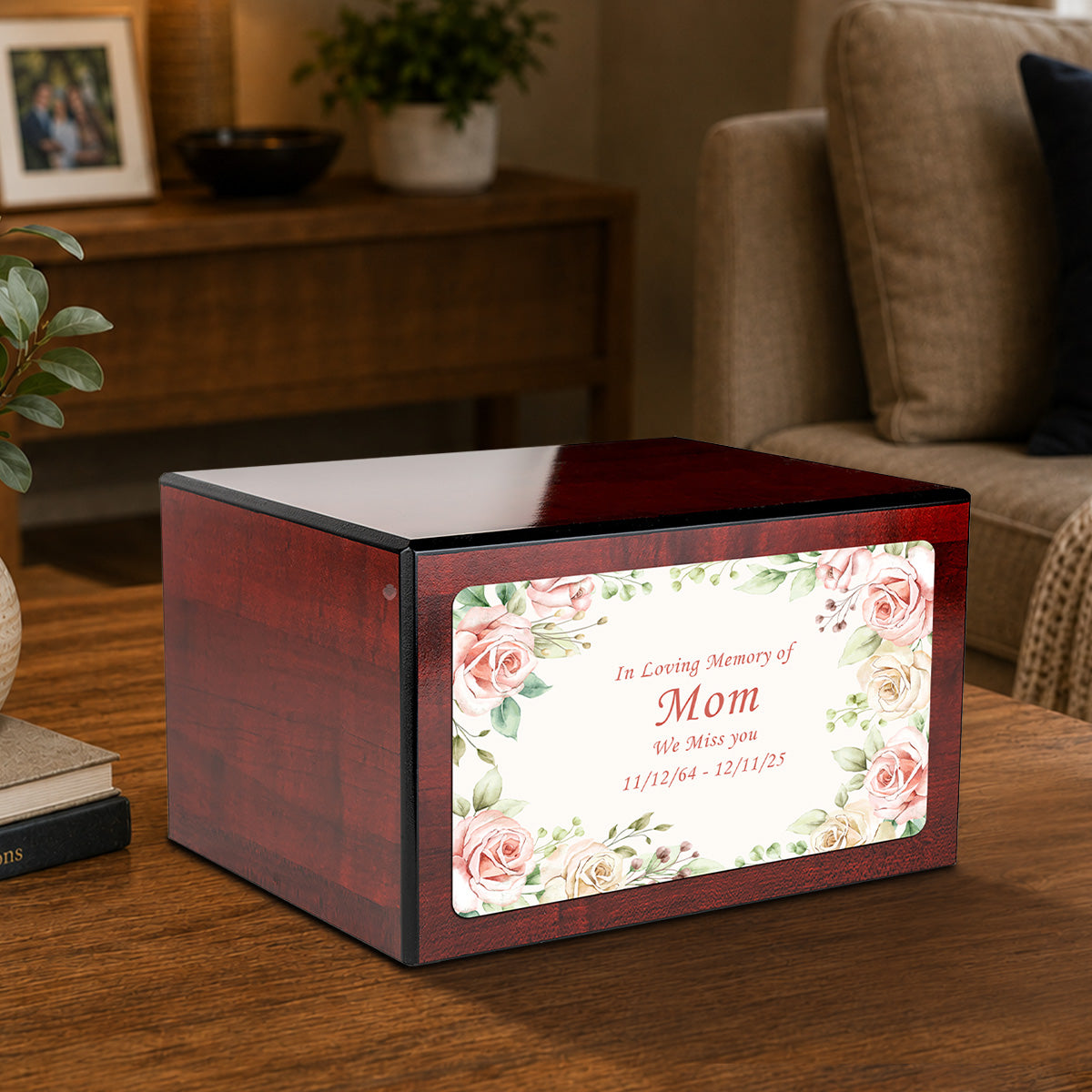 Custom Printed Heritage Cherry Flower Frame Wood Box Cremation Urn