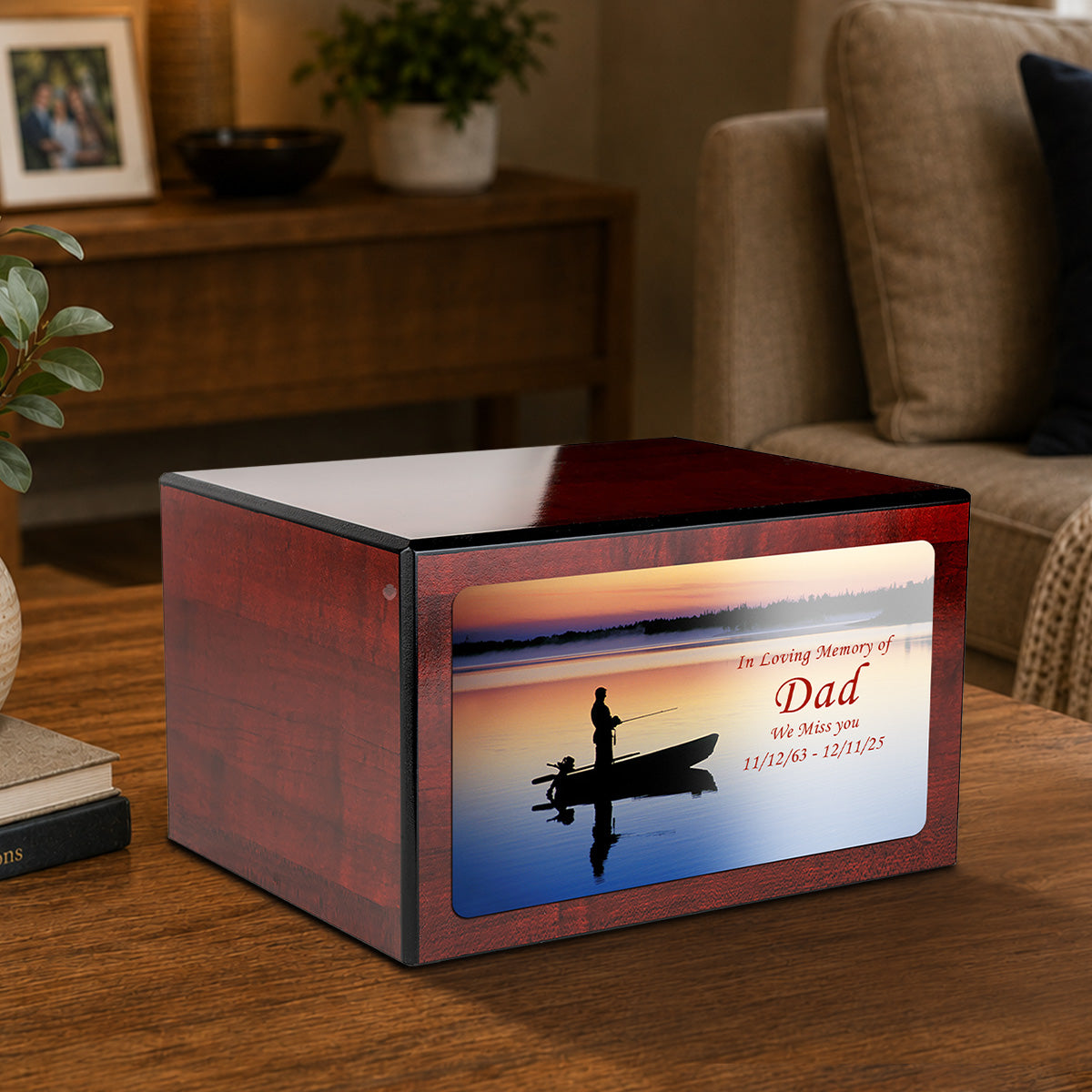 Custom Printed Heritage Cherry Fishing Wood Box Cremation Urn