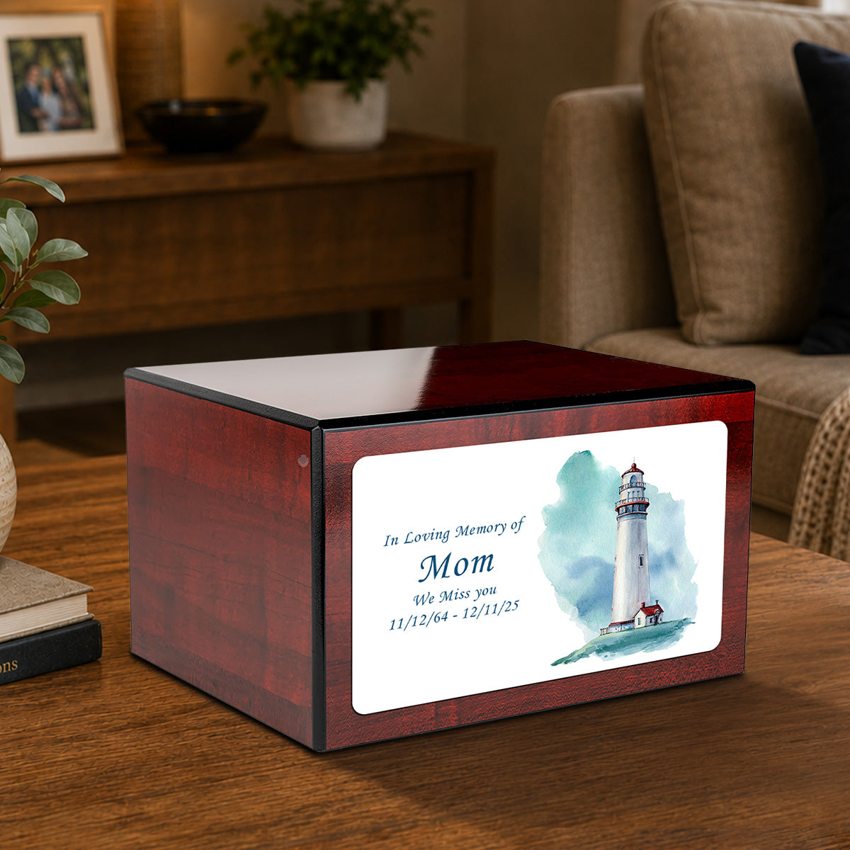 Custom Printed Heritage Cherry Lighthouse Wood Box Cremation Urn