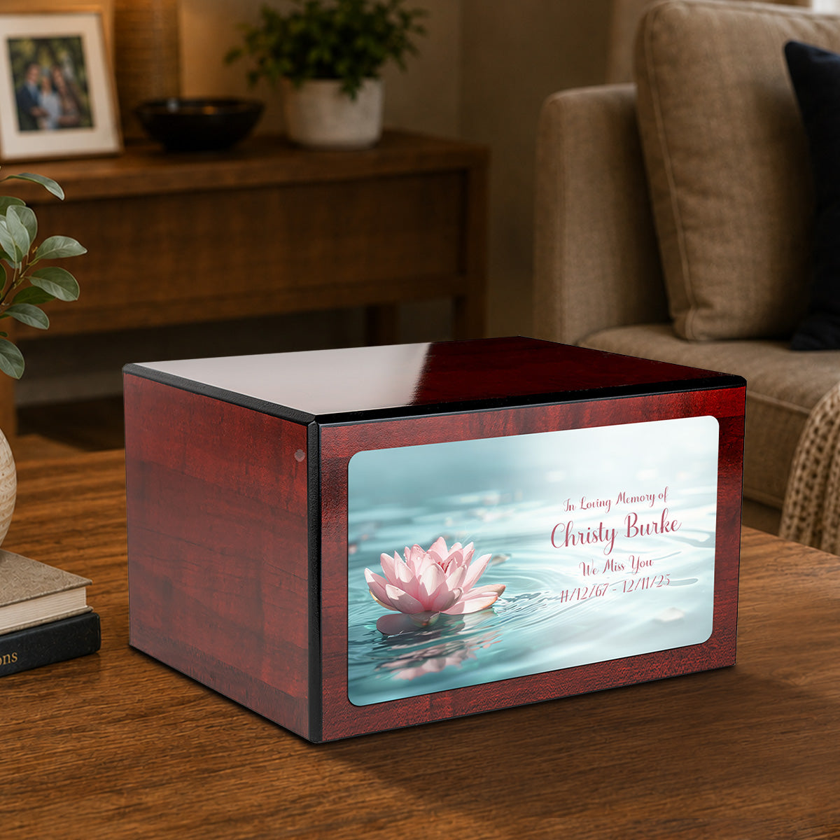 Custom Printed Heritage Cherry Lotus Flower Wood Box Cremation Urn