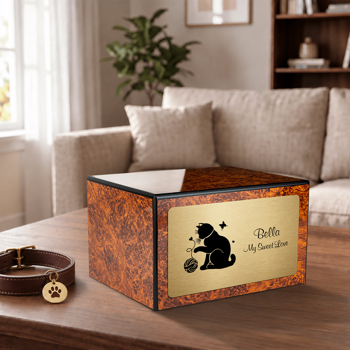 Heritage Burl Fun Cat Large Pet Cremation Box Urn