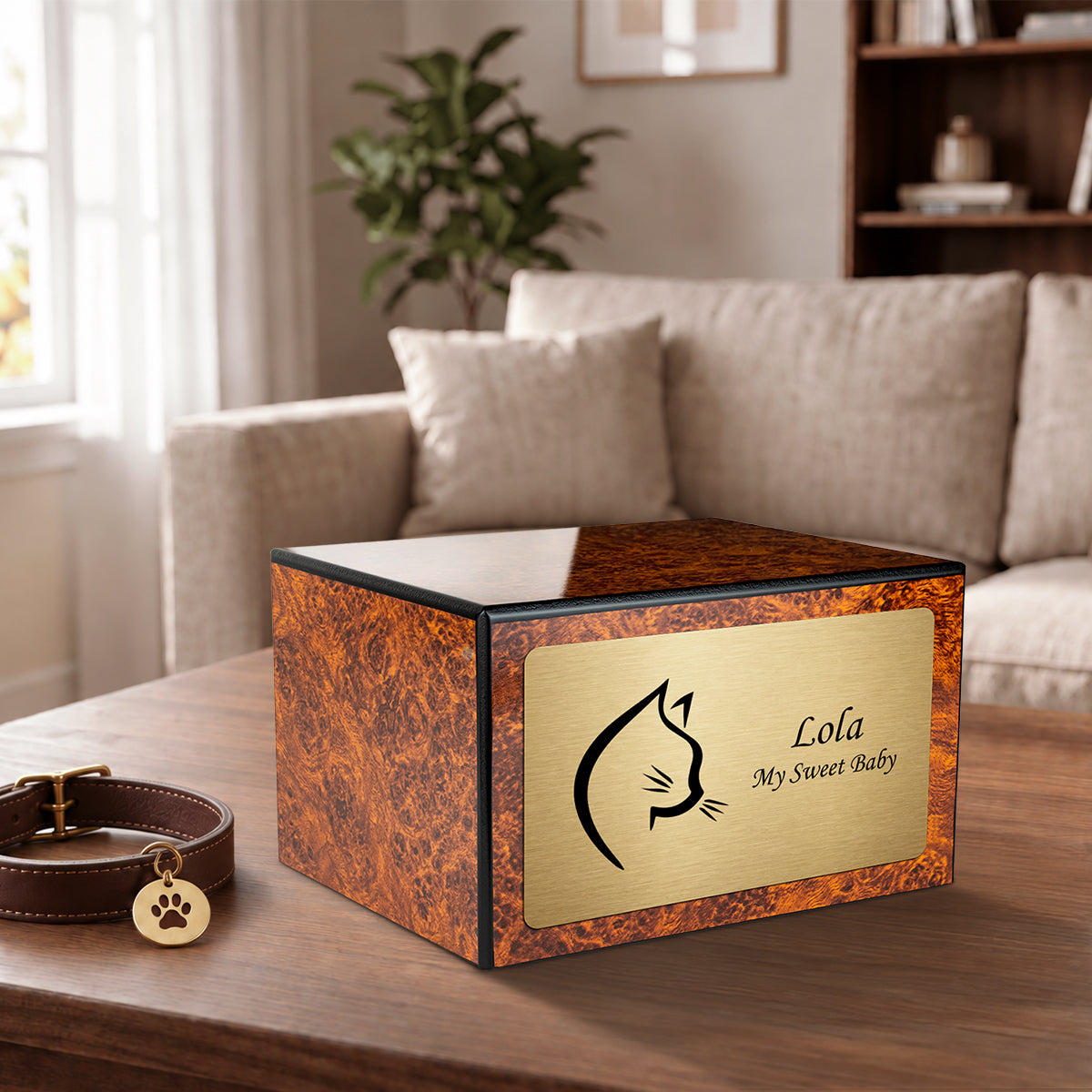 Heritage Burl Cat Large Pet Cremation Box Urn