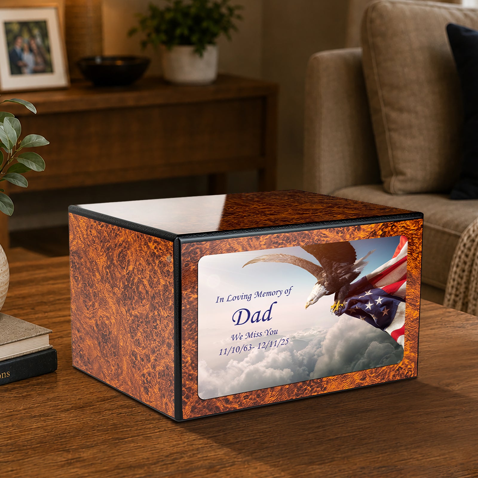 Custom Printed Heritage Burl American Eagle Wood Box Cremation Urn