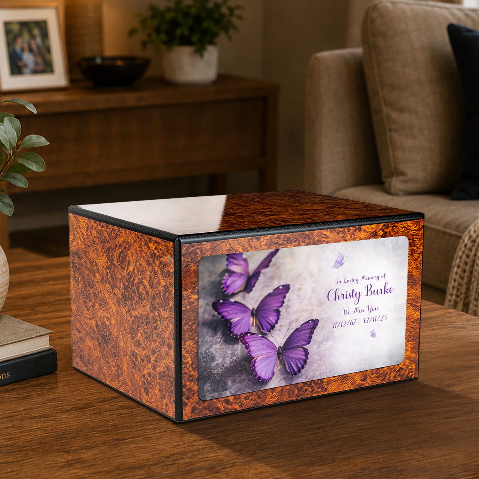 Custom Printed Heritage Burl Butterflies Wood Box Cremation Urn