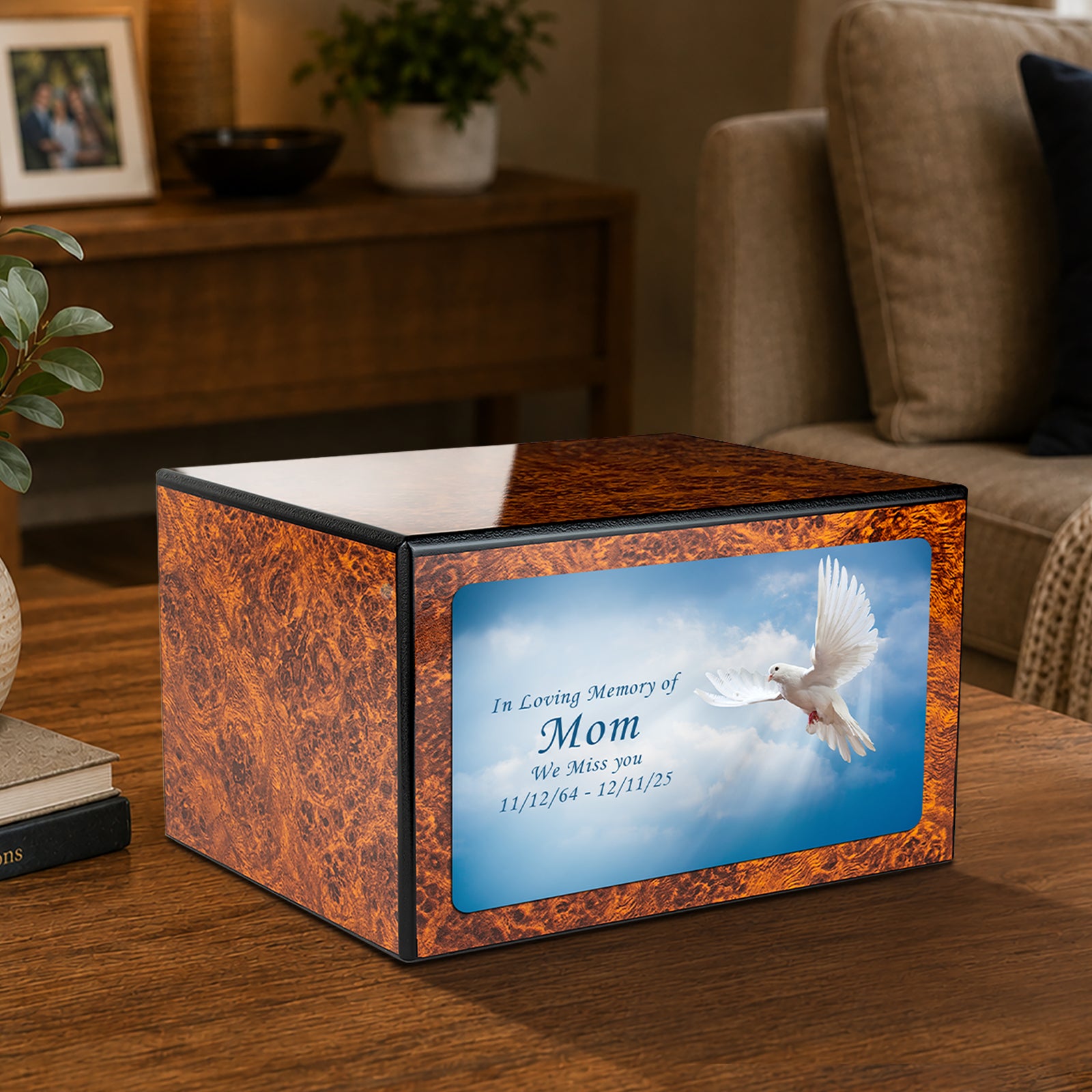 Custom Printed Heritage Burl Dove Wood Box Cremation Urn
