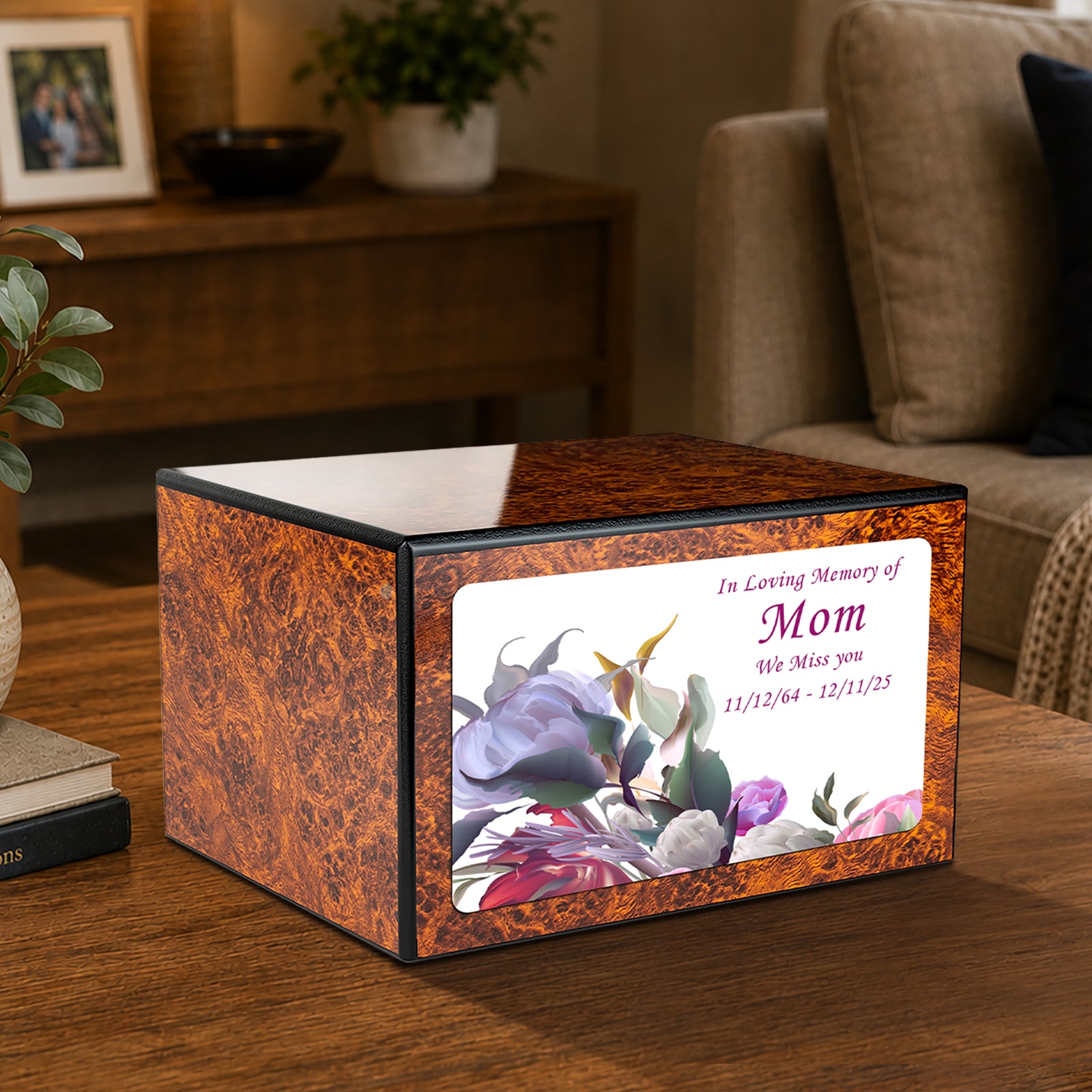 Custom Printed Heritage Burl Flowers Wood Box Cremation Urn
