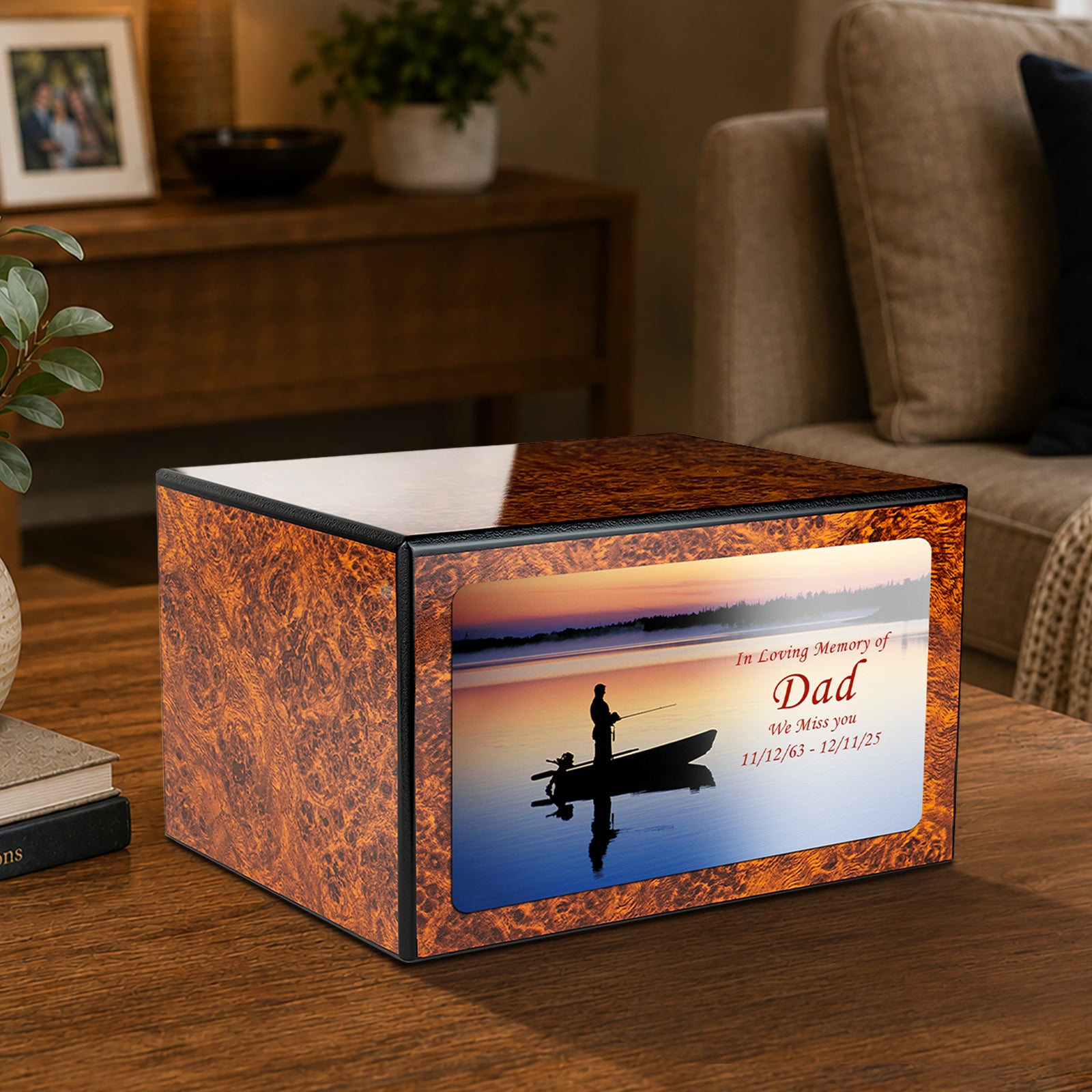 Custom Printed Heritage Burl Fishing Wood Box Cremation Urn