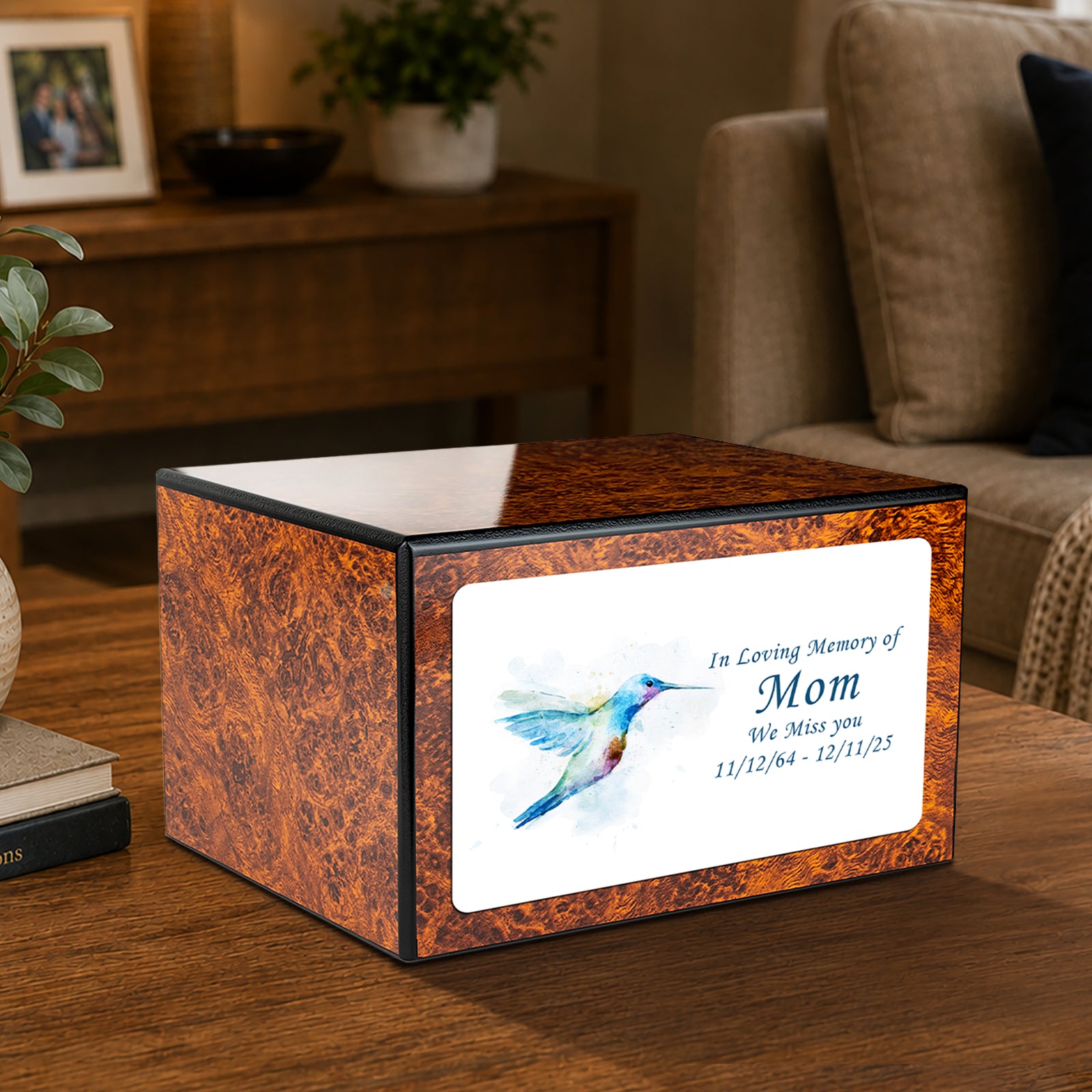 Custom Printed Heritage Burl Hummingbird Wood Box Cremation Urn