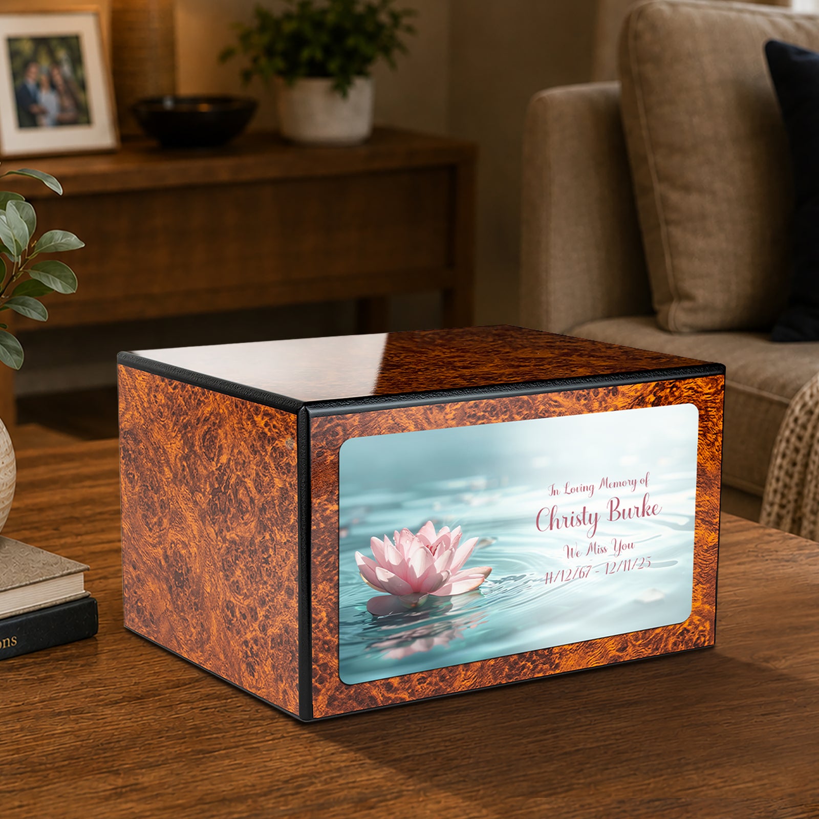 Custom Printed Heritage Burl Lotus Flower Wood Box Cremation Urn