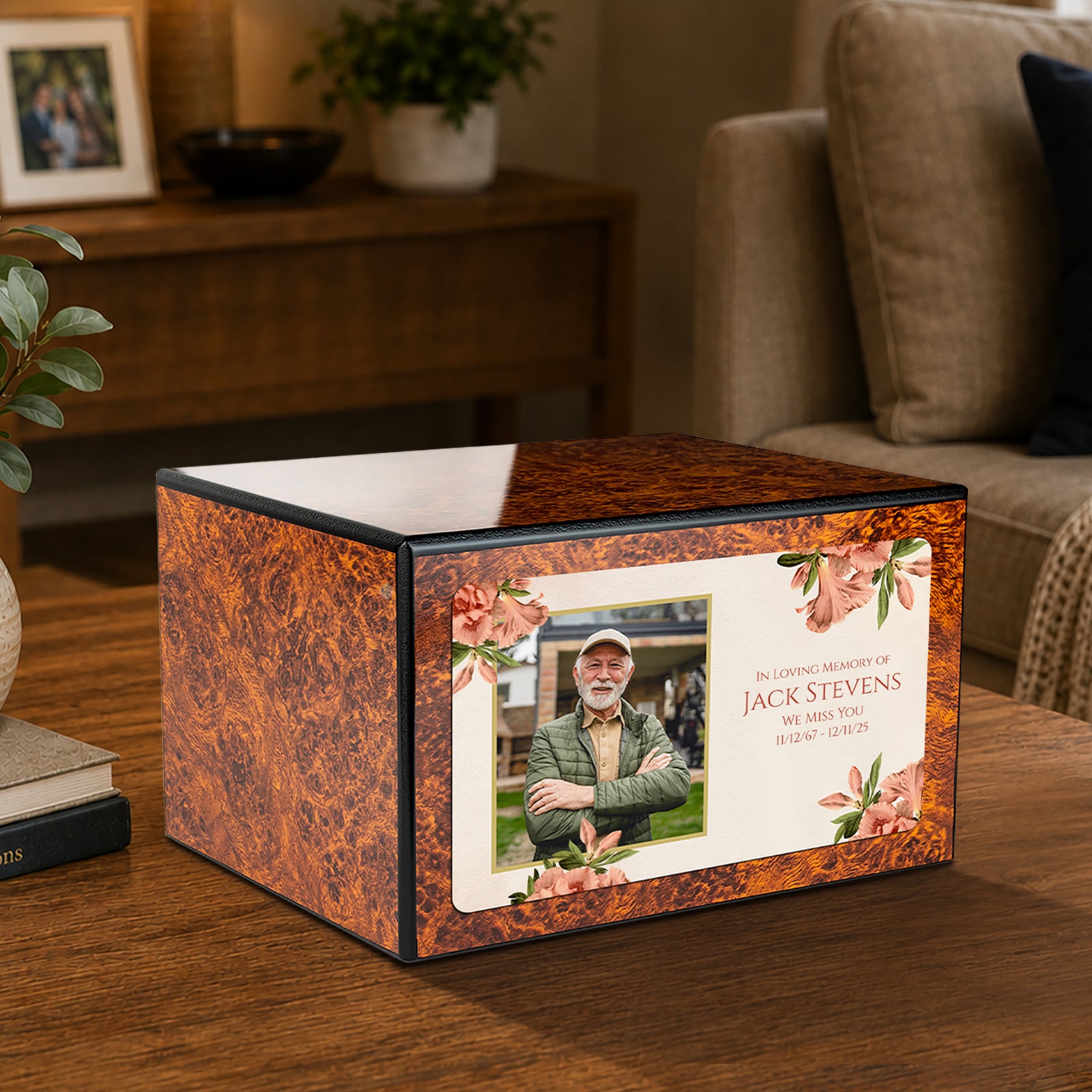 Custom Printed Heritage Burl Azalea Flower Wood Box Cremation Urn