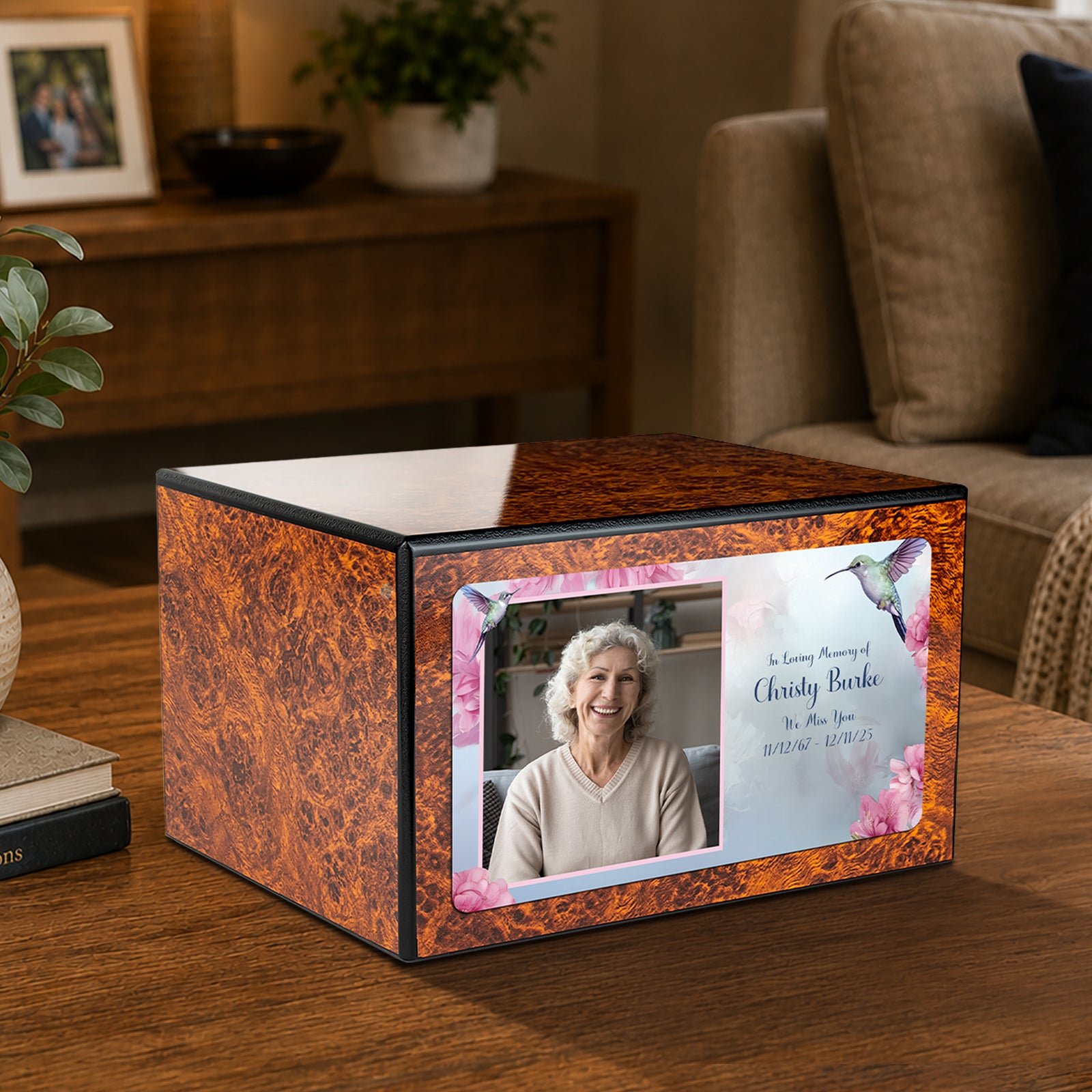 Custom Printed Heritage Burl Photo Hummingbird Wood Box Cremation Urn