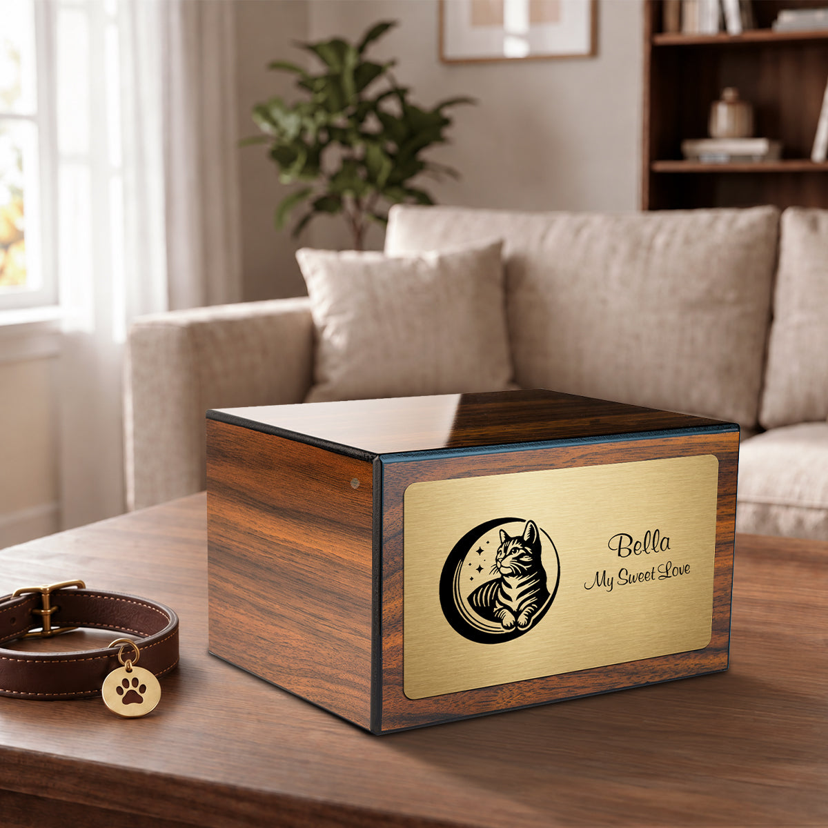 Heritage Walnut Cute Cat Large Pet Cremation Box Urn