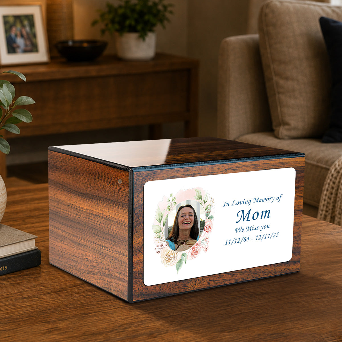 Custom Printed Heritage Walnut Photo Frame Wood Box Cremation Urn