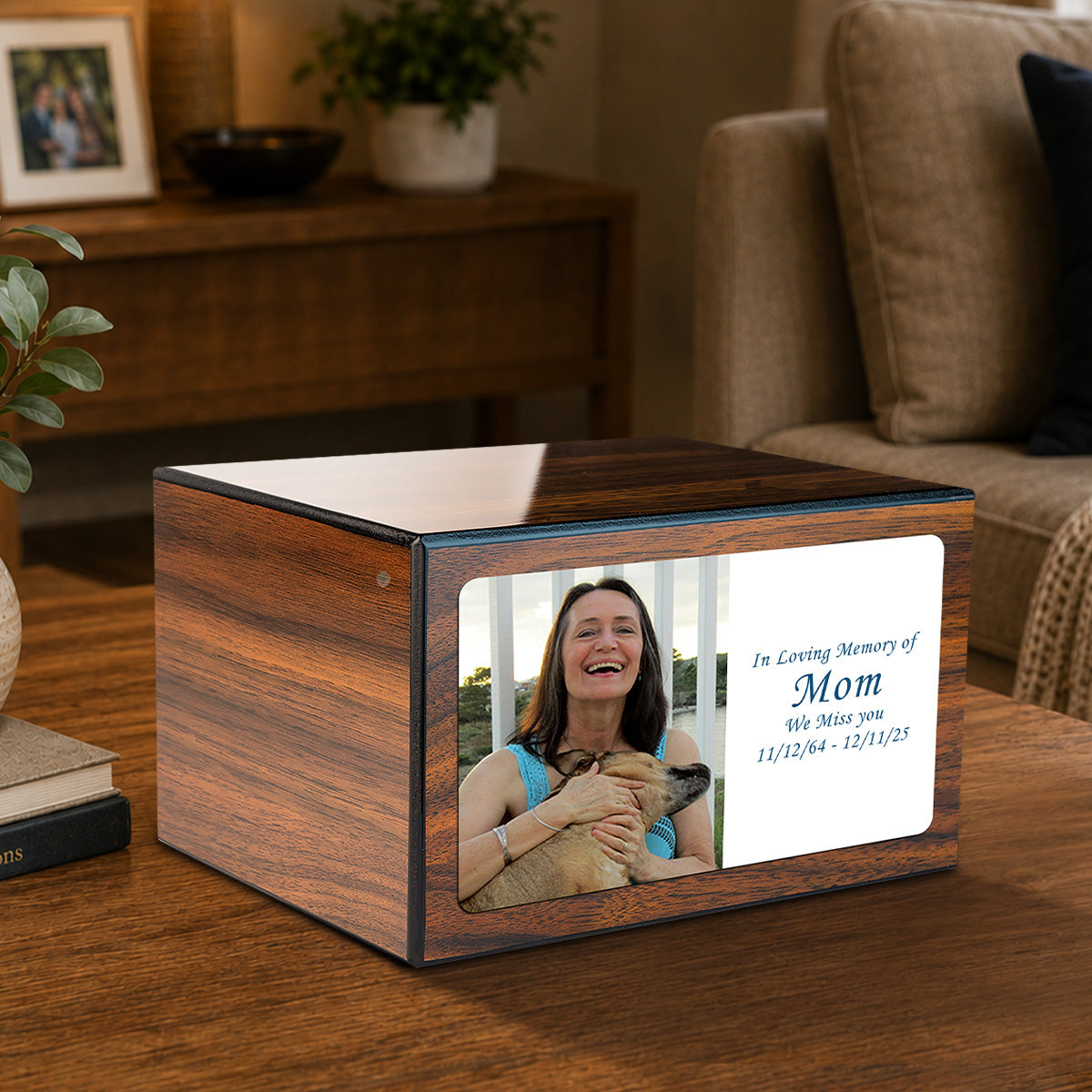 Custom Printed Heritage Walnut Photo Wood Box Cremation Urn