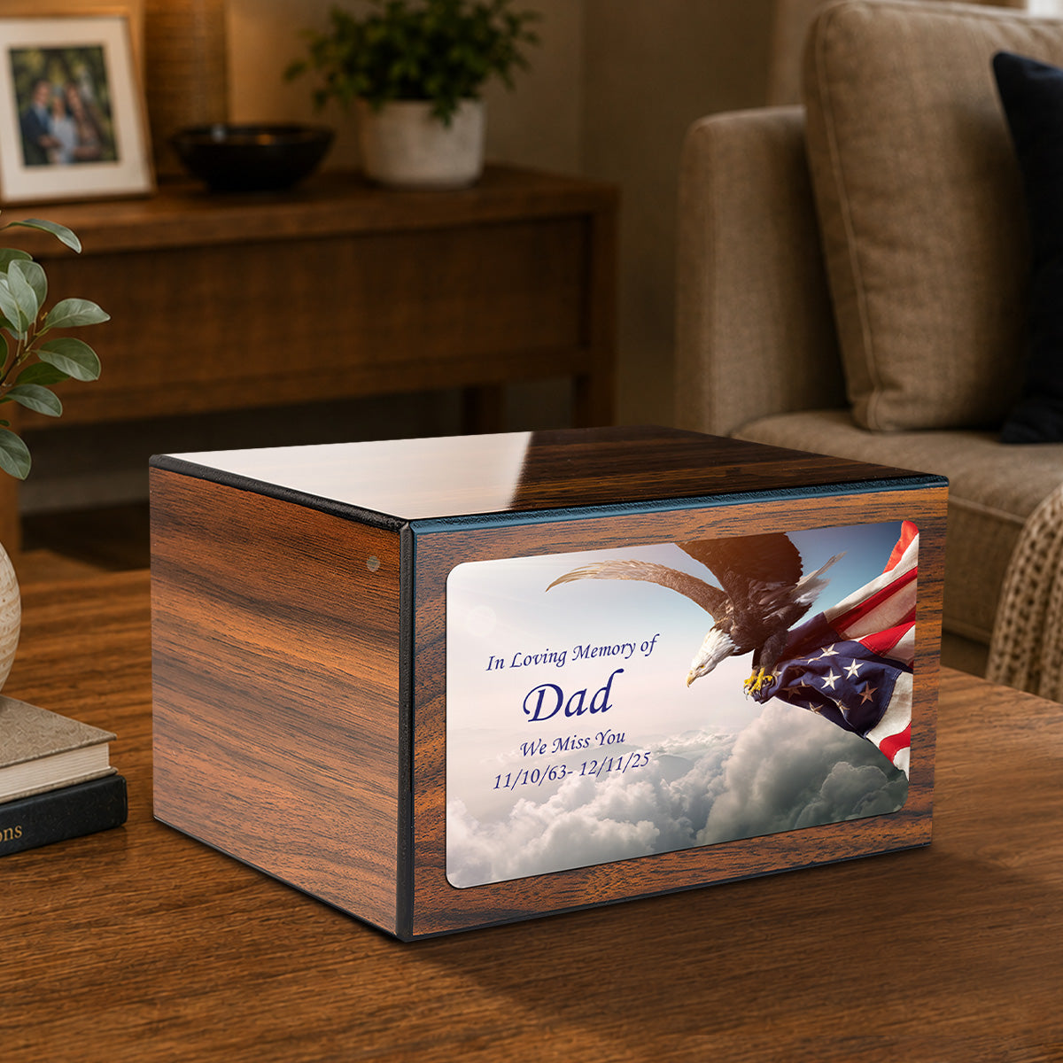 Custom Printed Heritage Walnut American Eagle Wood Box Cremation Urn