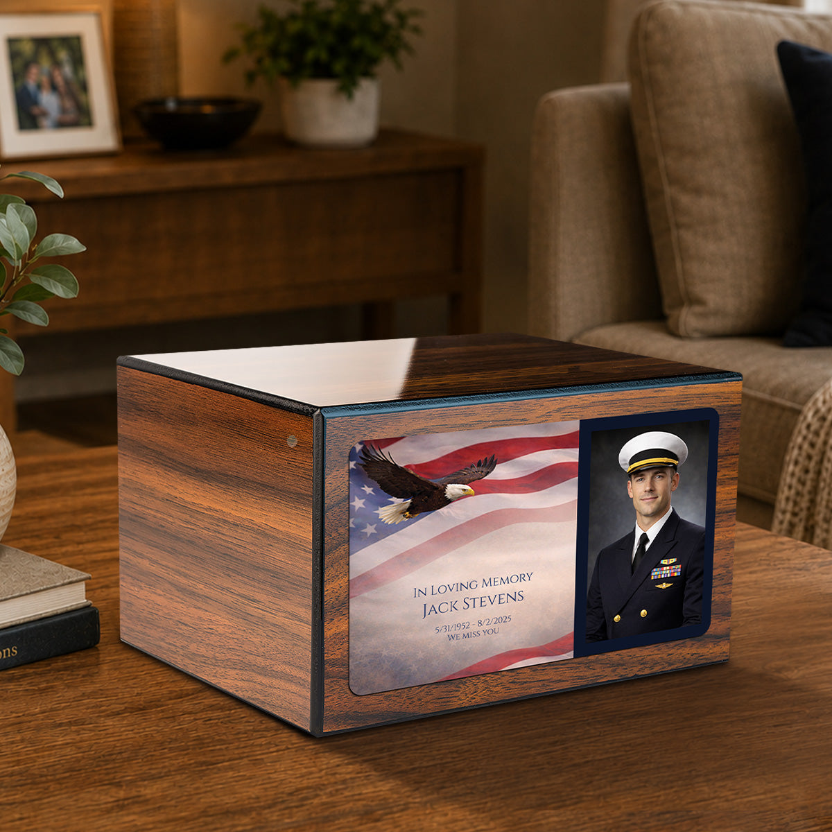 Custom Printed Heritage Photo Walnut American Glory Wood Box Cremation Urn