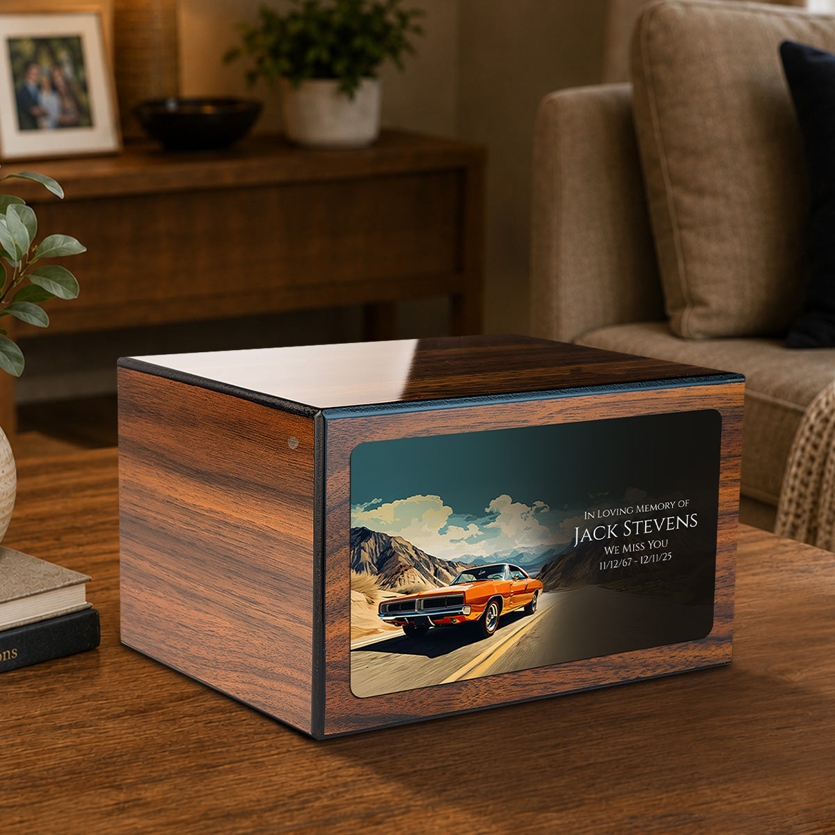 Custom Printed Heritage Walnut Classic Car Wood Box Cremation Urn