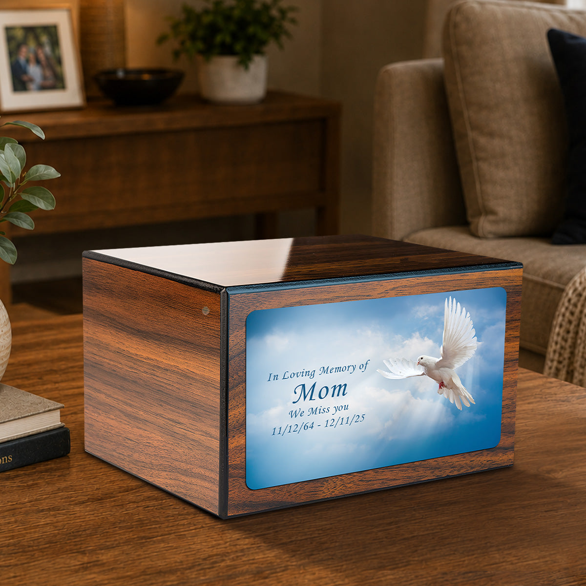 Custom Printed Heritage Walnut Dove Wood Box Cremation Urn