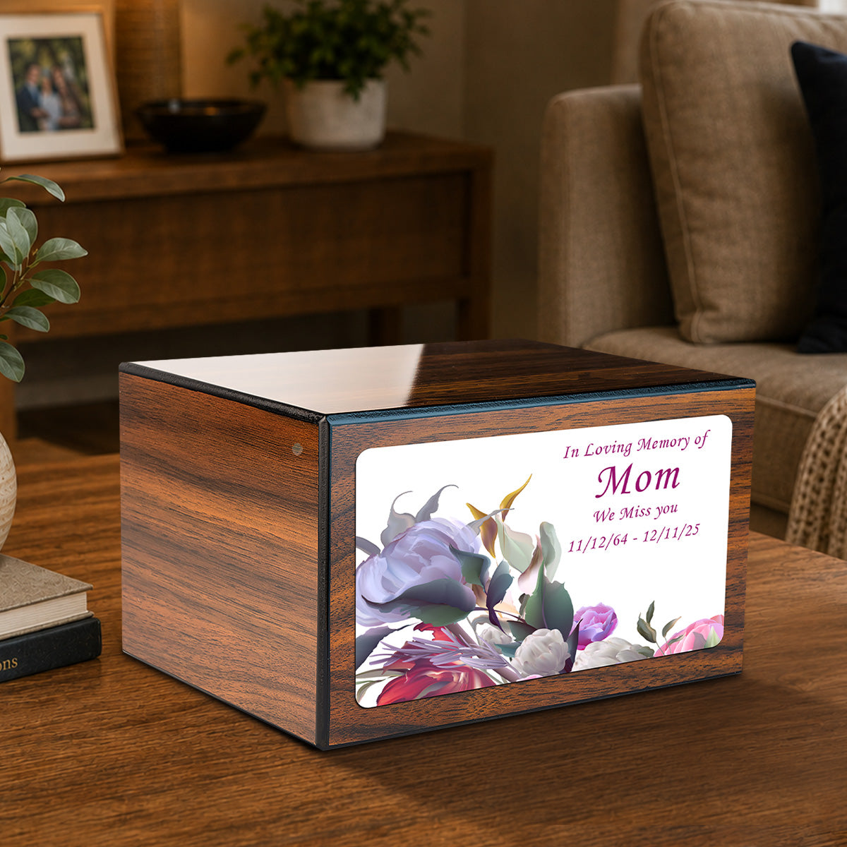 Custom Printed Heritage Walnut Flowers Wood Box Cremation Urn