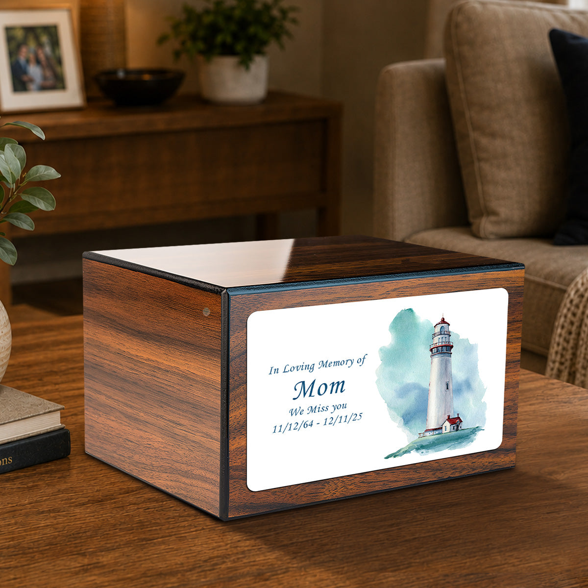 Custom Printed Heritage Walnut Lighthouse Wood Box Cremation Urn