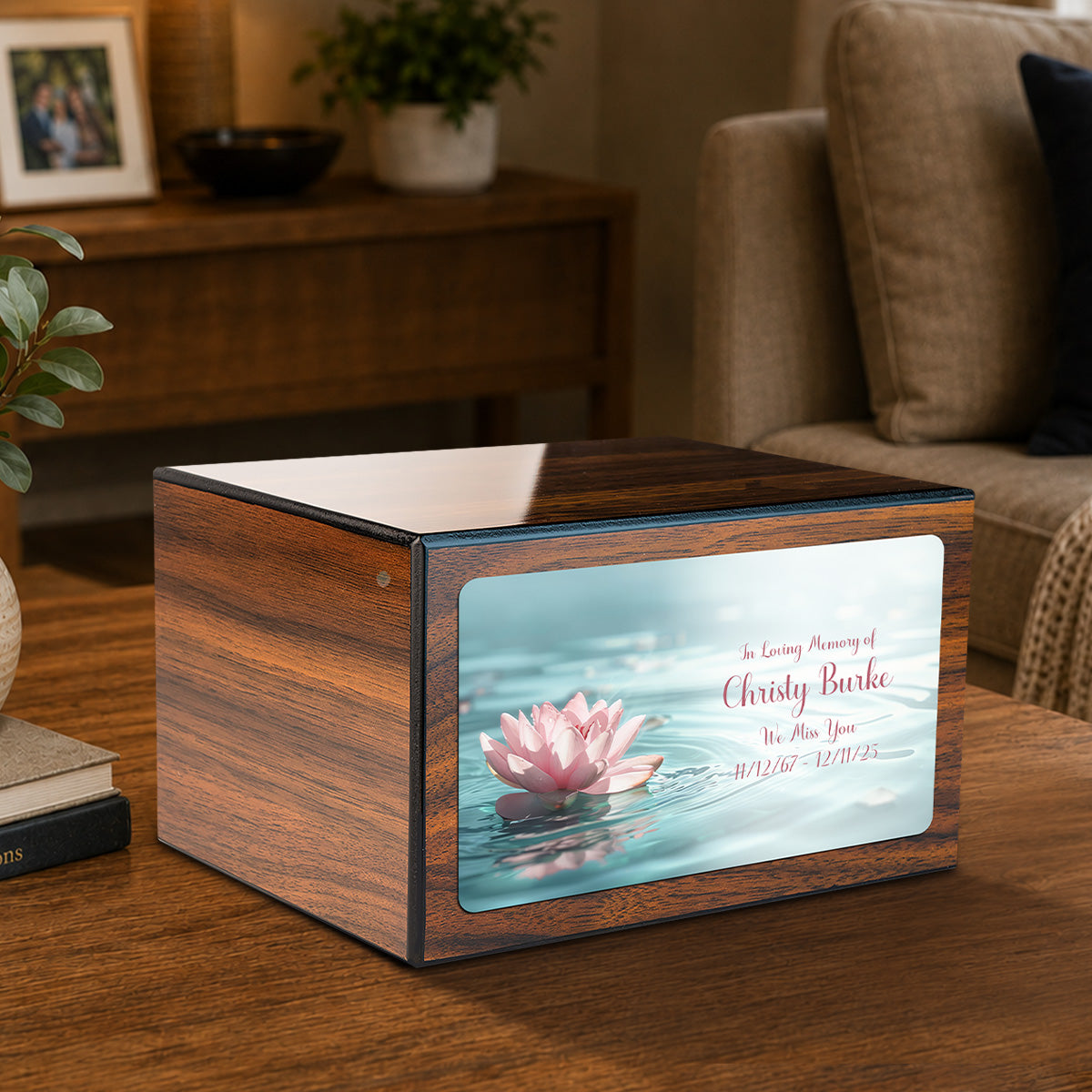 Custom Printed Heritage Walnut Lotus Flower Wood Box Cremation Urn
