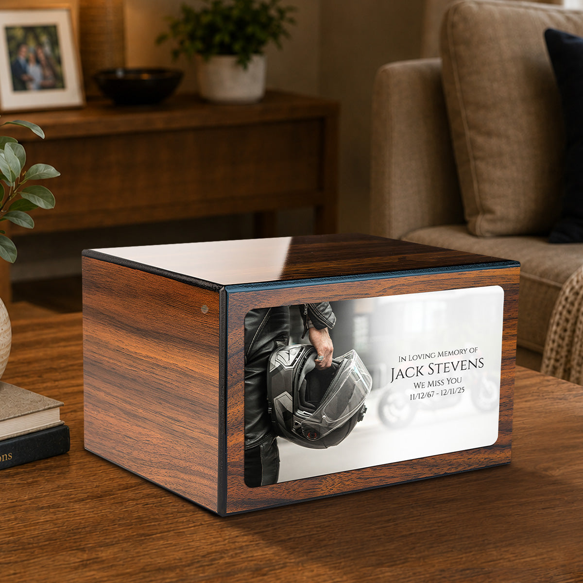 Custom Printed Heritage Walnut Motorcycle Helmet Wood Box Cremation Urn
