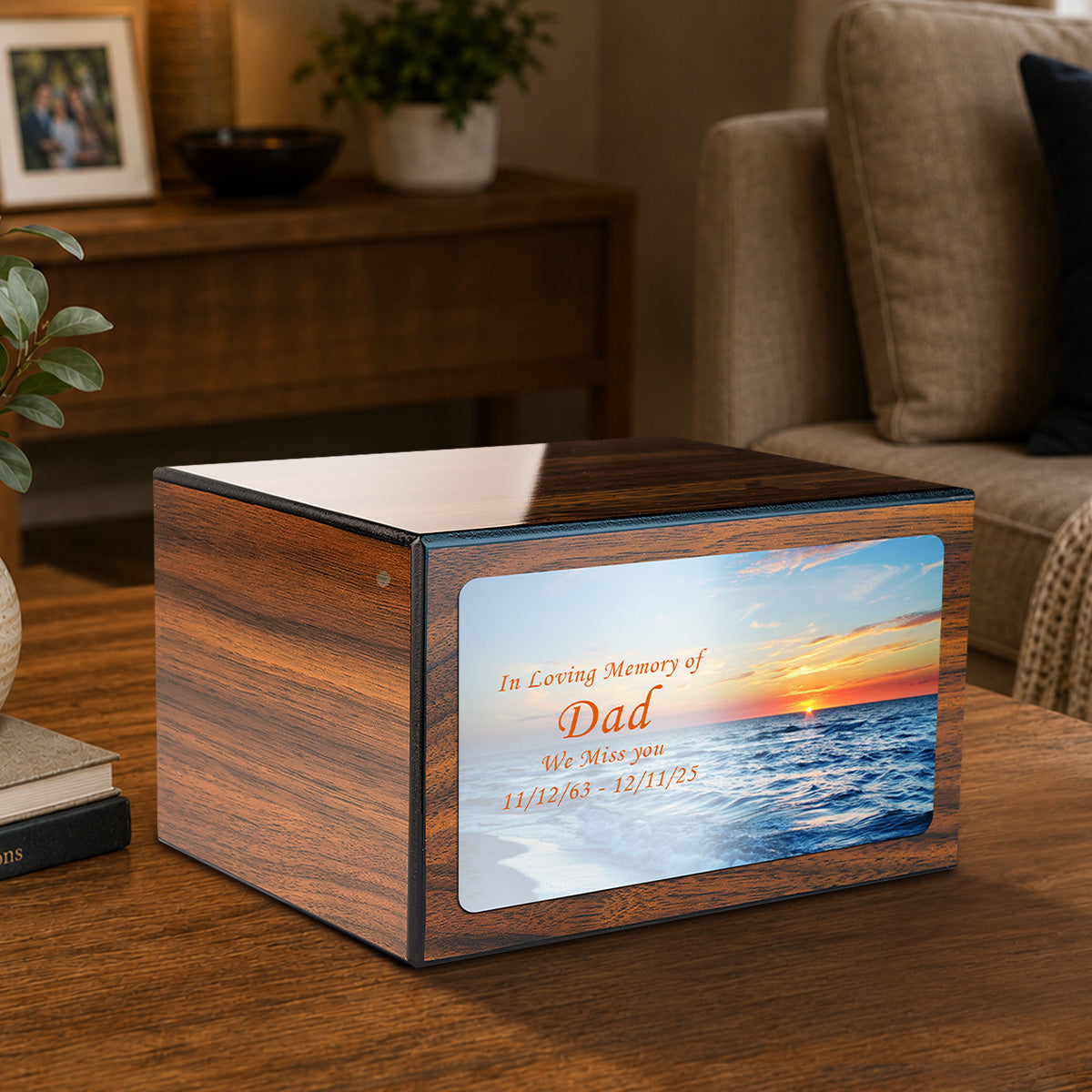 Custom Printed Heritage Walnut Ocean Sunset Wood Box Cremation Urn
