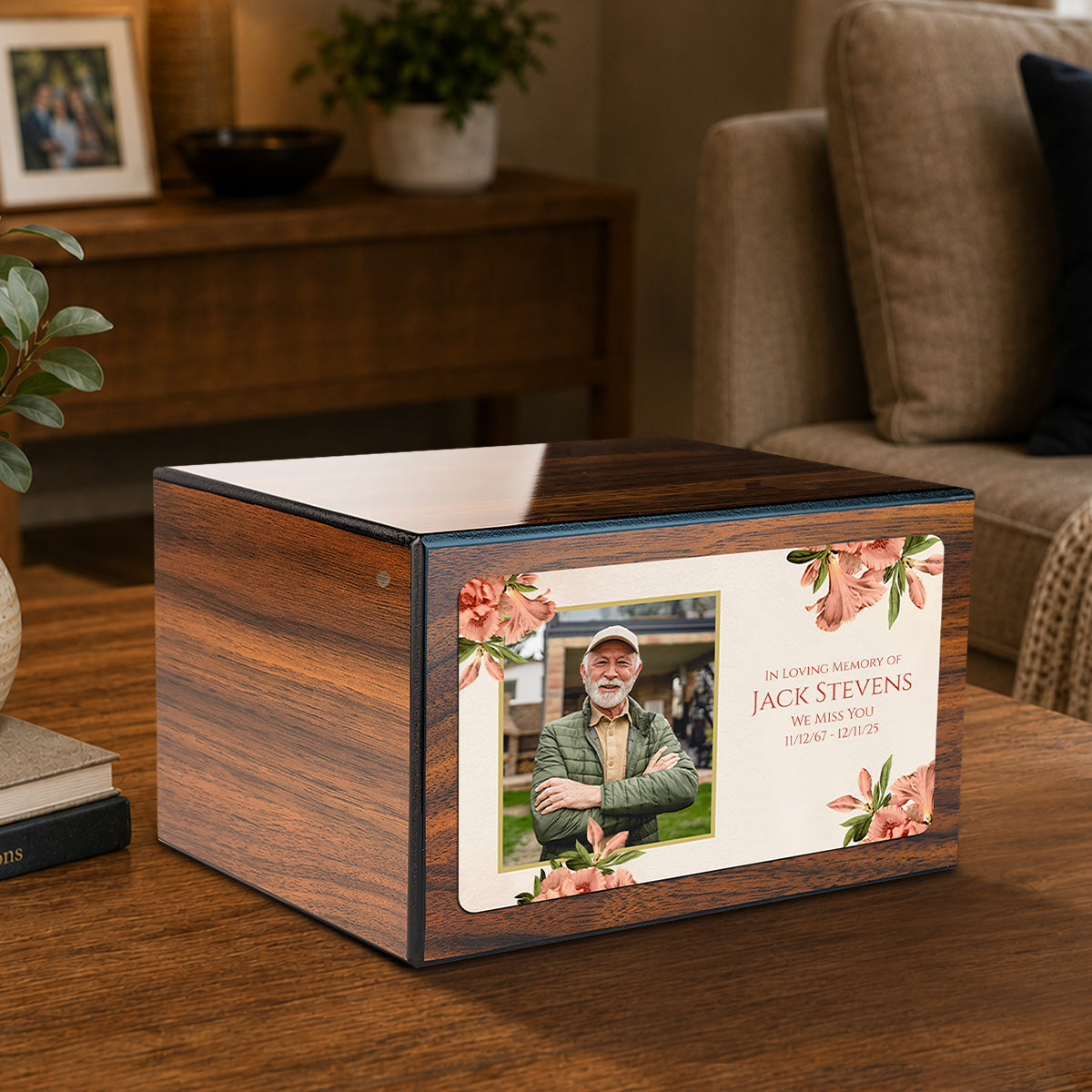 Custom Printed Heritage Walnut Azalea Flower Wood Box Cremation Urn